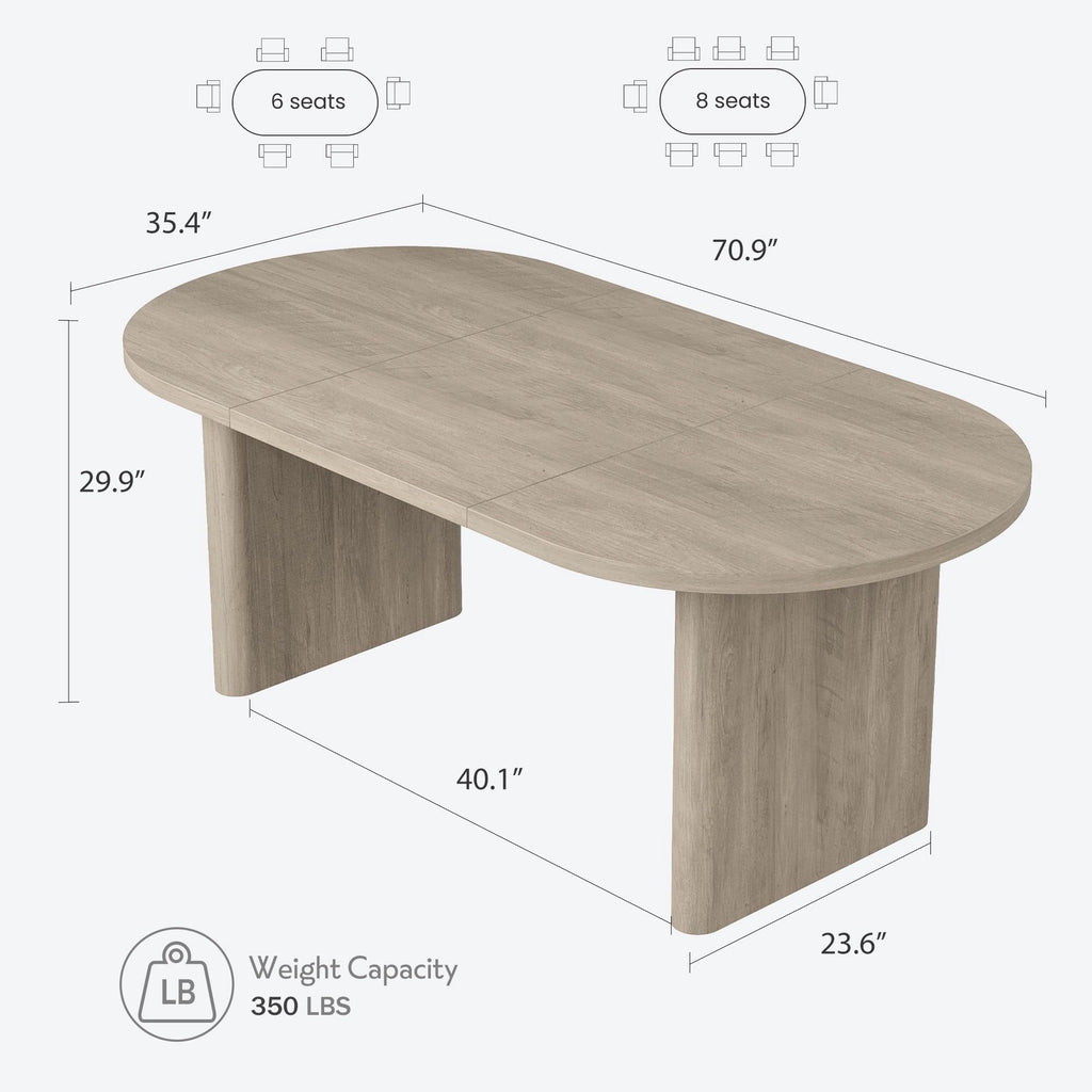 70.8 Inch Oval Farmhouse Dining Table for 6-8 People, Long Large Kitchen Table with Thick Sturdy Wooden Base-Natural