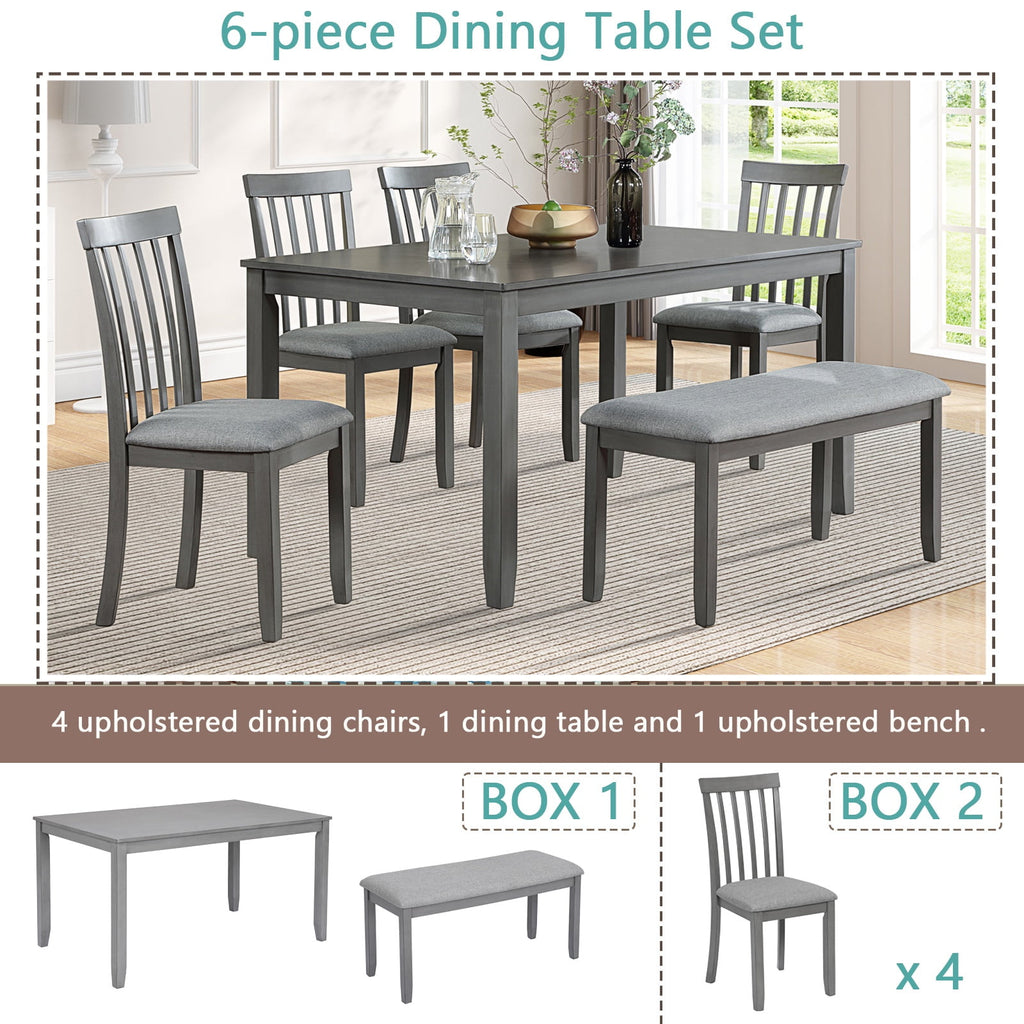 Dining Room Set, LEGAHOME 6 Piece Dining Sets with Bench and Chairs, Solid Wood Kitchen Dining Table Set for 6 with Upholstered Chairs, Gray