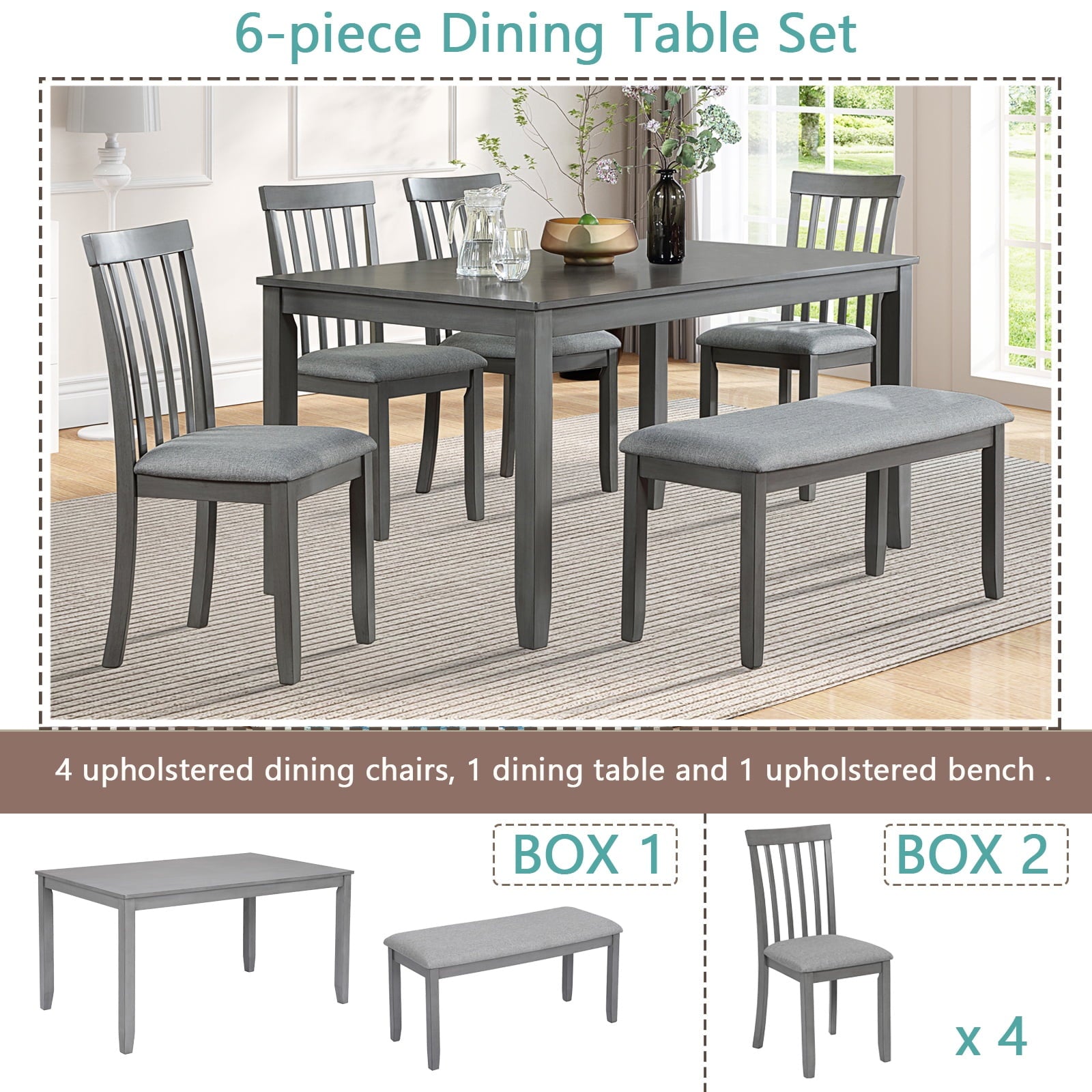 Dining Room Set, LEGAHOME 6 Piece Dining Sets with Bench and Chairs, Solid Wood Kitchen Dining Table Set for 6 with Upholstered Chairs, Gray