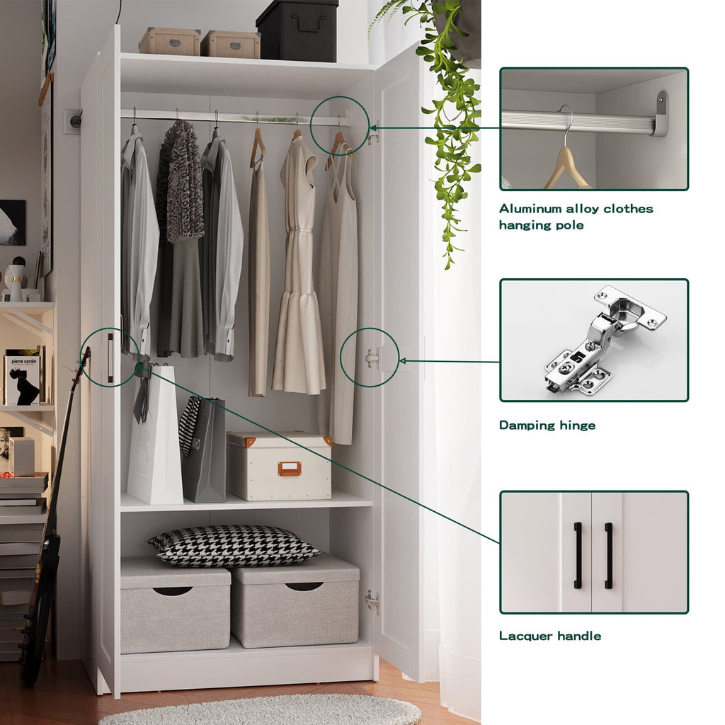 Wood White Wardrobe Closet with 2 Doors，Bedroom Freestanding Armoire Storage Cabinet with Shelves，Wooden Wardrobe Combination for Hanging Clothes