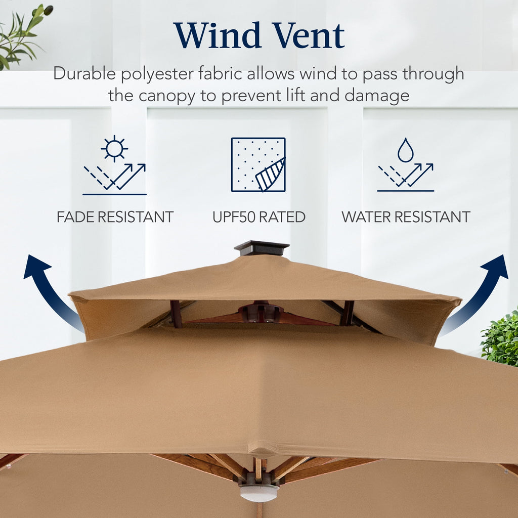 Best Choice Products 10ft Square Woodgrain Pattern 2-Tier Outdoor Solar LED Cantilever Umbrella w/ Base - Gray