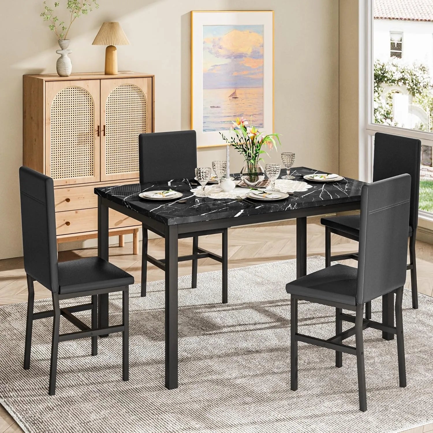 MOOSENG Dining Table Set for 4, Faux Marble Kitchen Table and Chairs Set of 4, 5-Piece Dining Room Set with PU Leather Upholstered Chairs for Small Space, Gray