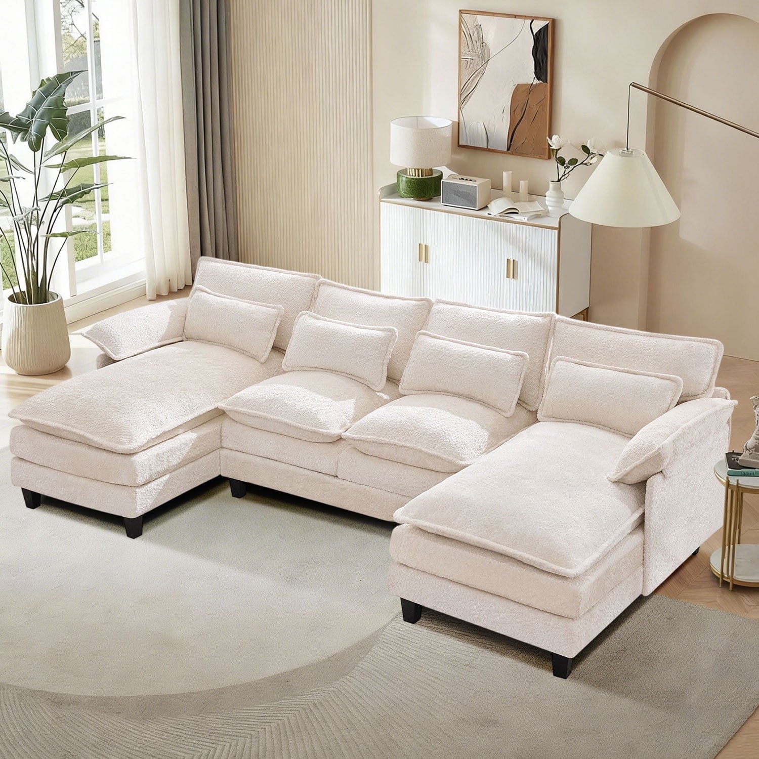 JONPONY109.45 U Shaped Couch,Oversized 4 Seat Sectional with 4 Waist Pillows, Convertible Upholstery Symmetrical Sofá,Sleeper Sofa Couch with Double Chaise Lounge &Memory Foam for Living Room, Beige