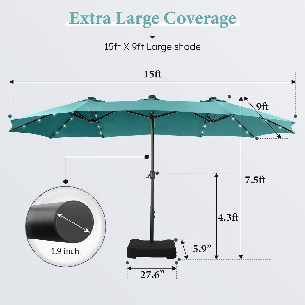 SUMMIT LIVING 15 FT Double-Sided Solar Patio Umbrella with Base Large Outdoor Umbrella with LED Solar Lights - Haze Blue