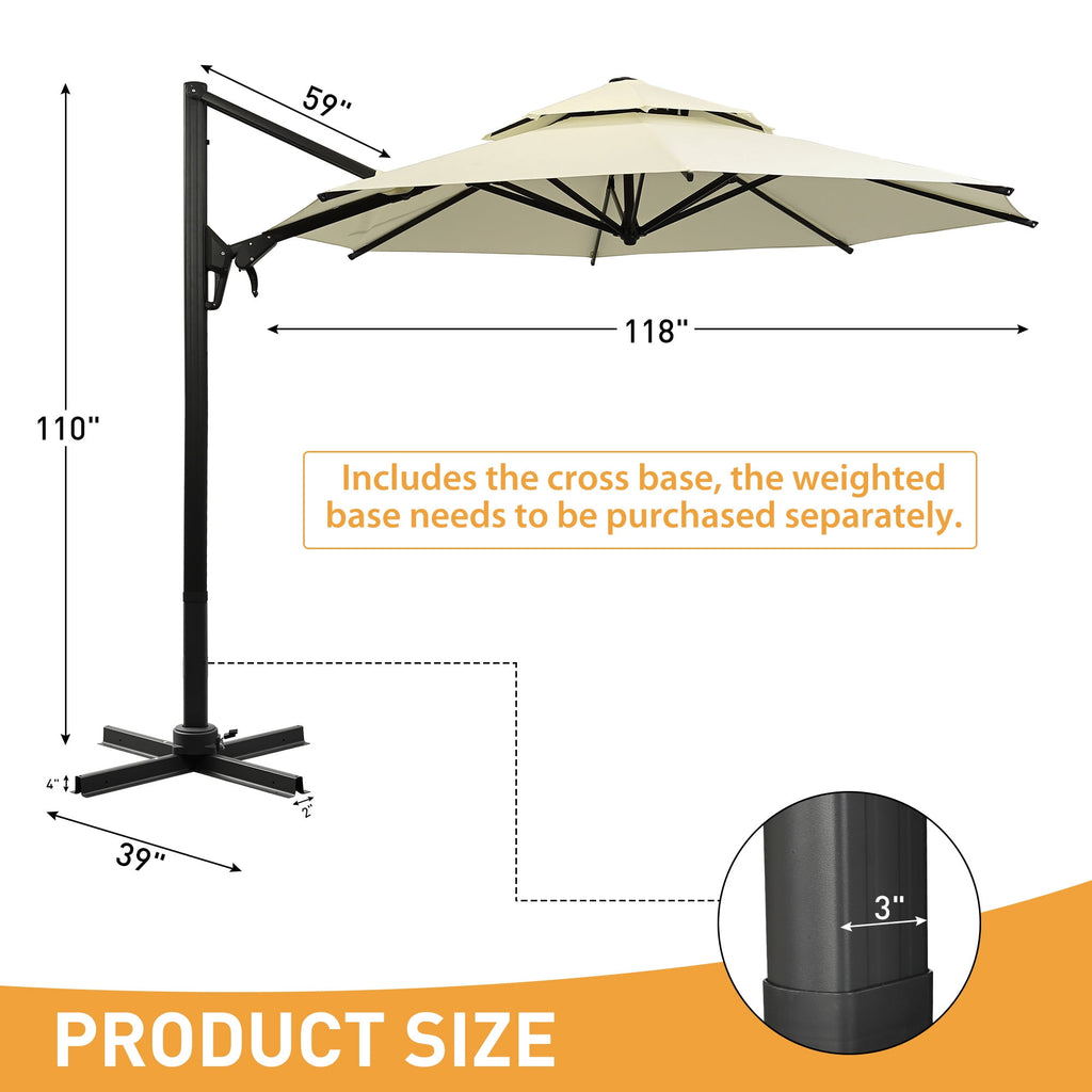 Ainfox 10ft Double Top Heavy-Duty Patio Cantilever Umbrella with lights and Cross Base, Outdoor Large Offset Hanging Aluminum Rotation Sun Shade Solar Umbrella with 360°Rotation Adjustable,Khaki