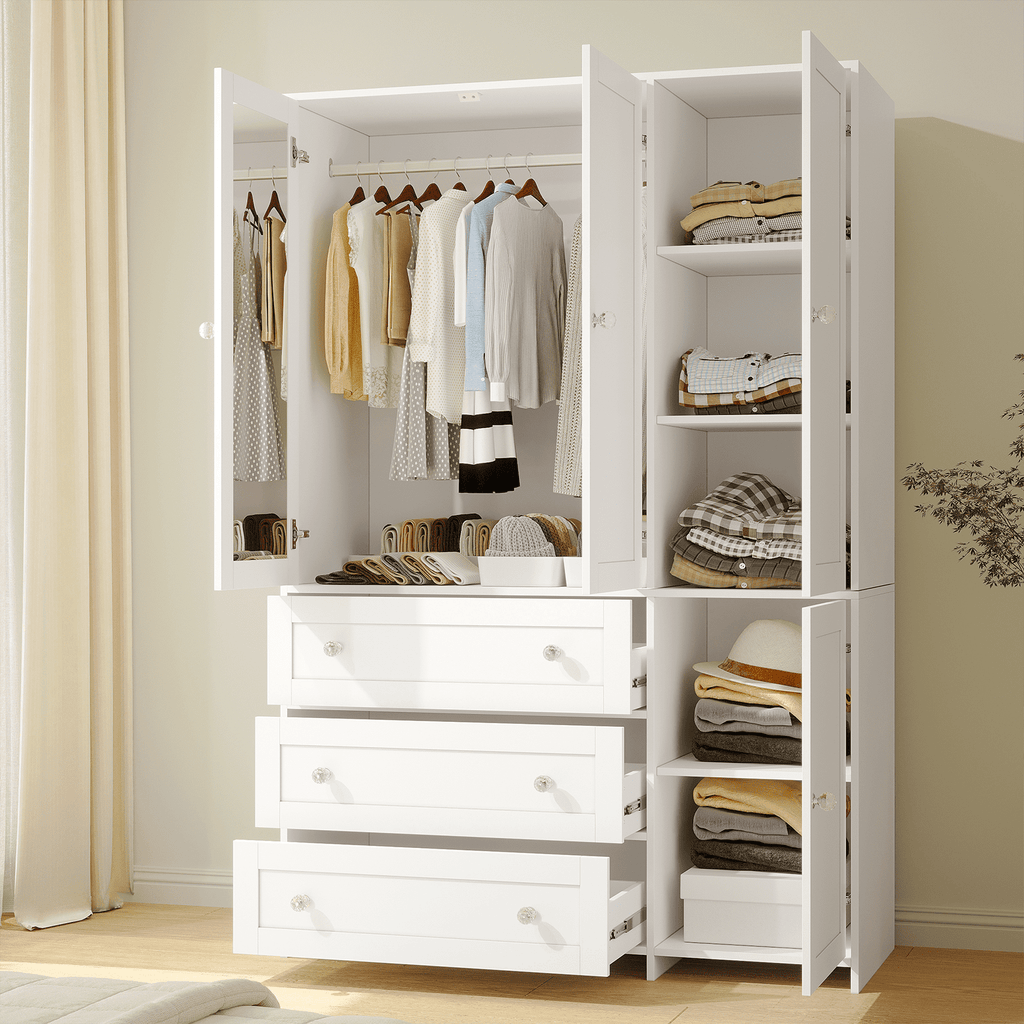 Richya Wardrobe Closet Armoire Storage Cabinet 3 Doors with Hanging Rod for Hanging Clothes Bedroom Large Capacity Tall Freestanding Armoire Organizer with Shelves particle board