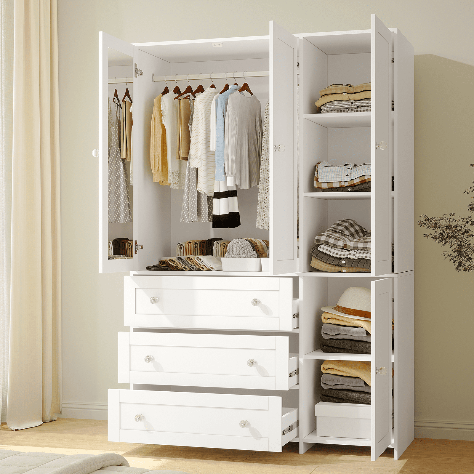 Richya Wardrobe Closet Armoire Storage Cabinet 3 Doors with Hanging Rod for Hanging Clothes Bedroom Large Capacity Tall Freestanding Armoire Organizer with Shelves particle board