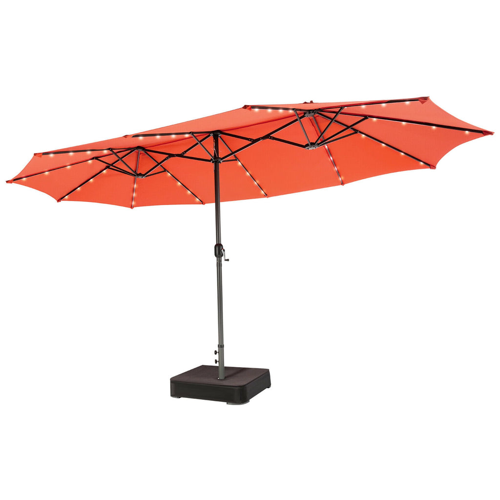 Gymax Outdoor 15' Double-Sided Patio Umbrella 48 Solar LED Lights Crank & Base Coffee