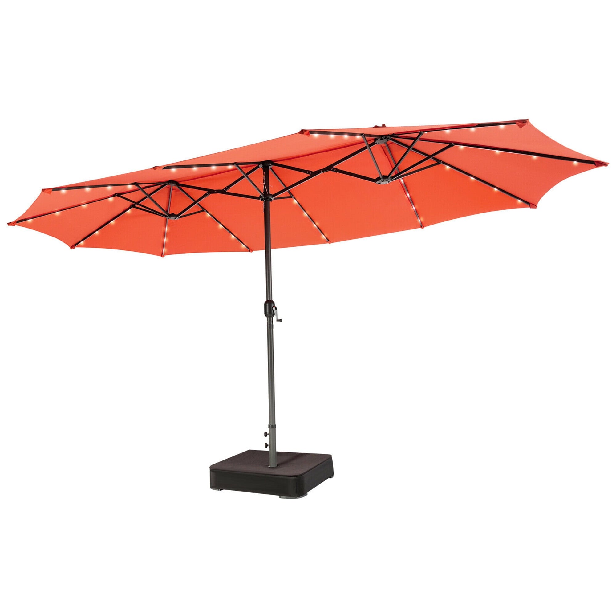 Gymax Outdoor 15' Double-Sided Patio Umbrella 48 Solar LED Lights Crank & Base Coffee