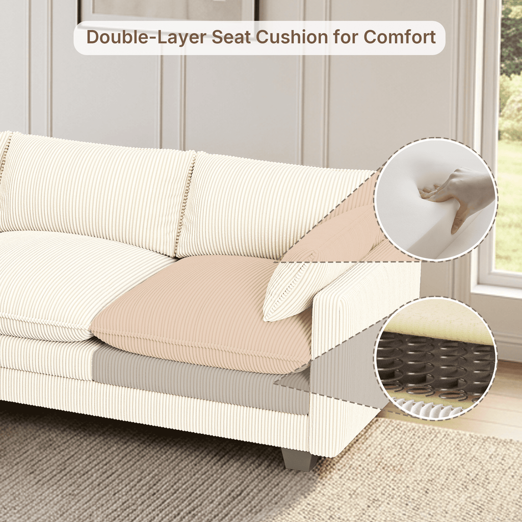 110 Cloud Couches for Living Room, Noelse 3 Seater Cloud Sofa with Double Layer Cushion and Deep Seat, Cream Couch with Washable Cover, Corduroy Fabric, Beige