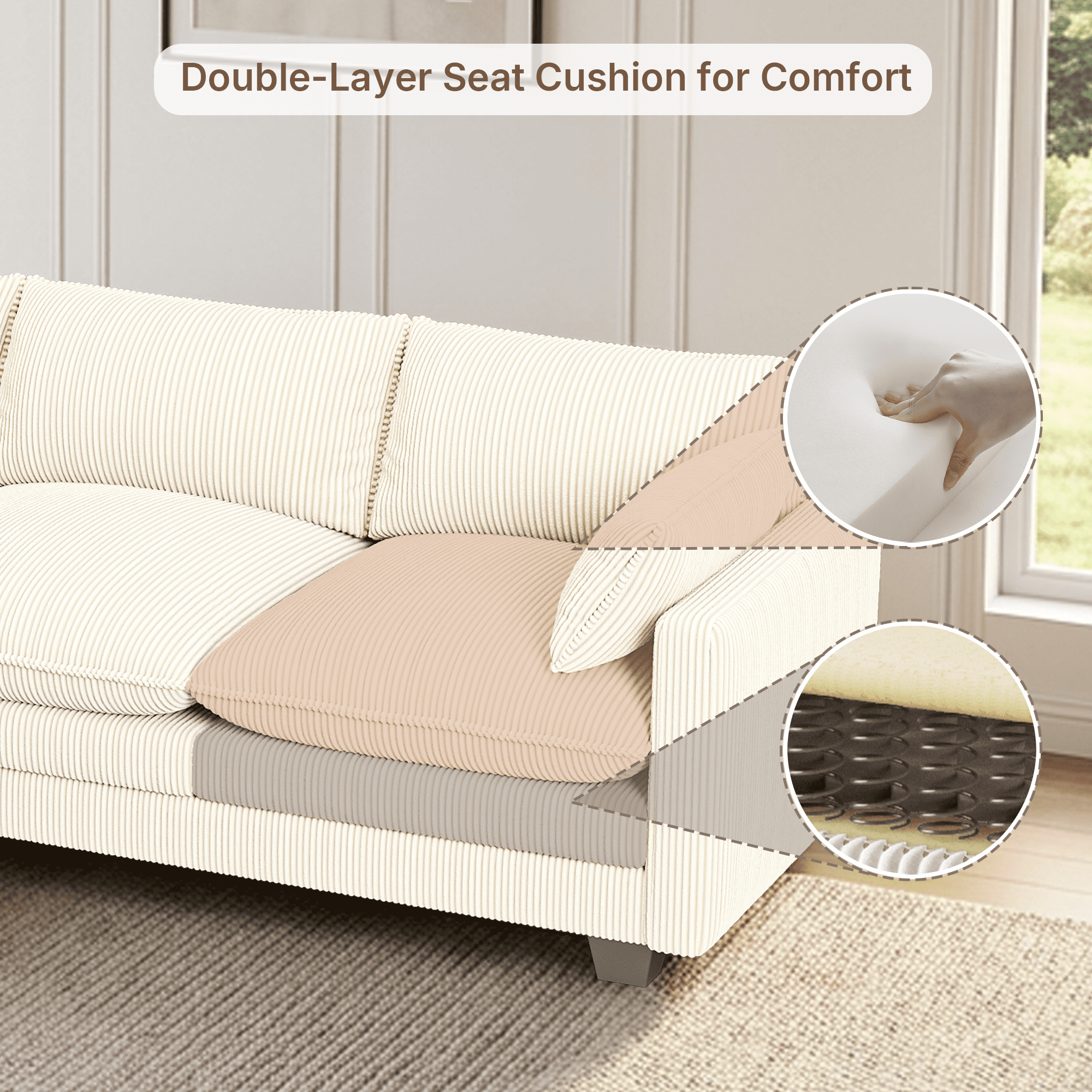 110'' Oversized L Shaped Couch for Living Room, Cloud Couches with Washable Corduroy Cover, Modern 4-Seater Comfy Deep-Seat Sofa with Movable Ottoman and 2 Throw Pillows for Apartment, Gray