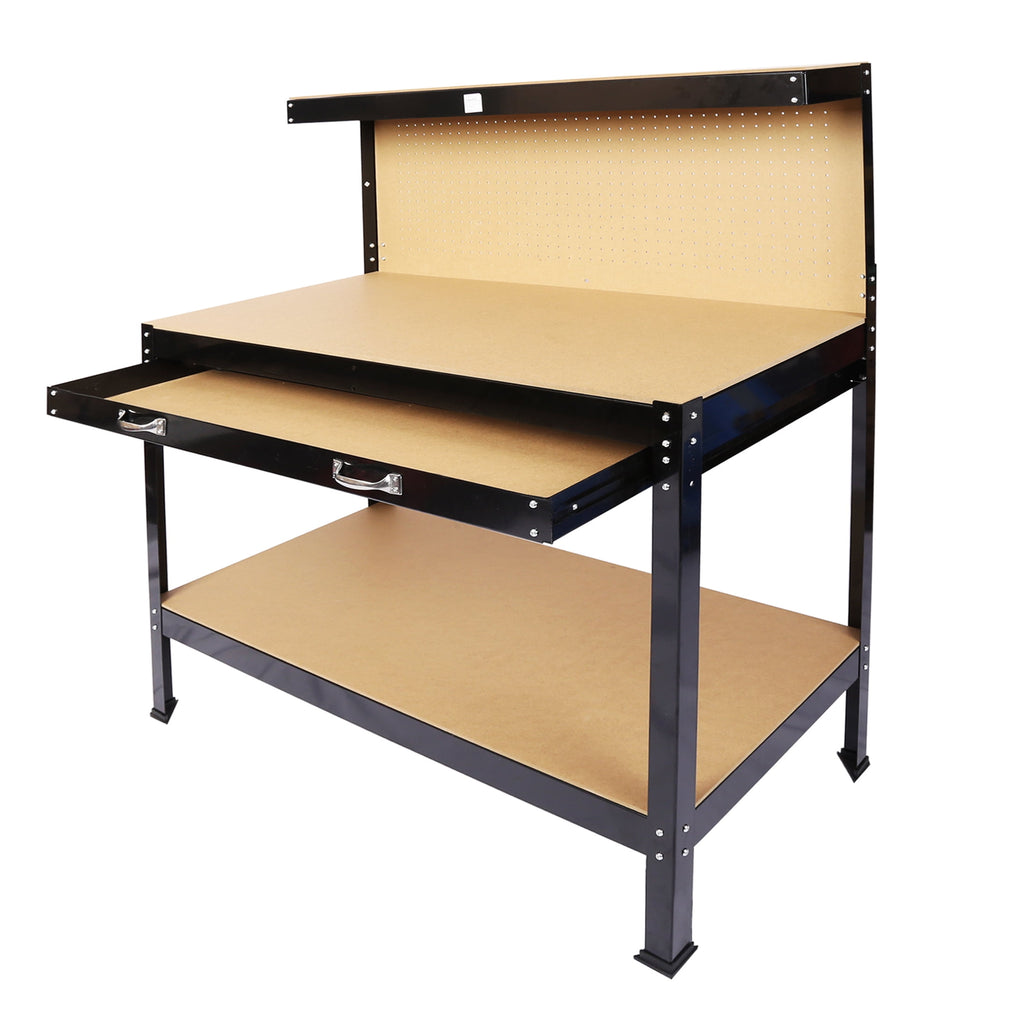 Heavy-Duty Black Workbench with Tool Storage, 300Lbs Capacity, Steel Frame & MDF Top for Garage Workshop