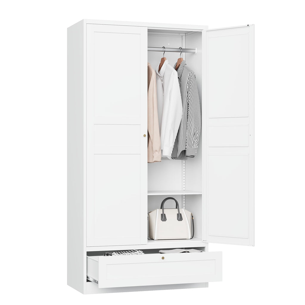 STANI Metal Wardrobe Closet with Hanging Rod, 72 White Armoire Wardrobe Cabinet with Adjustable Shelves, Clothes Storage Organizer Cabinets for Bedroom, Bathroom, Office