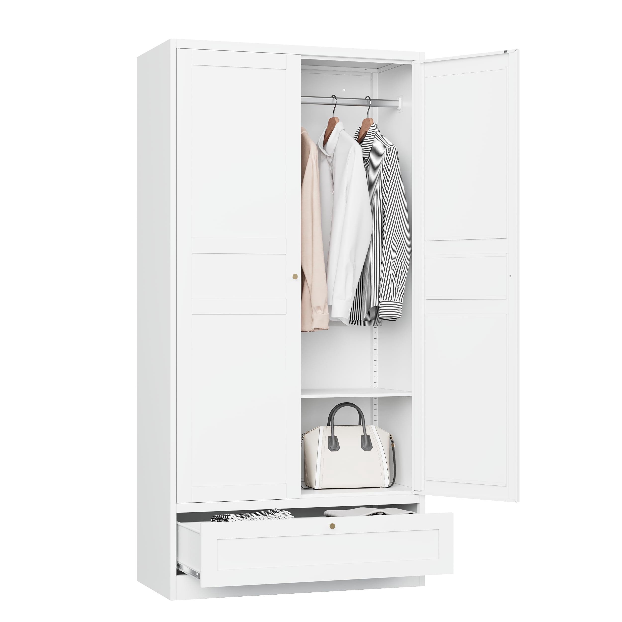 STANI Metal Wardrobe Closet with Hanging Rod, 72 White Armoire Wardrobe Cabinet with Adjustable Shelves, Clothes Storage Organizer Cabinets for Bedroom, Bathroom, Office