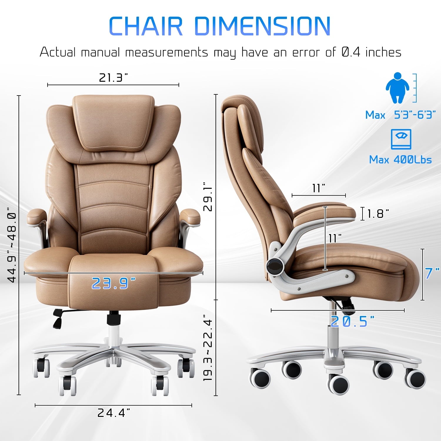Ninecer Big and Tall Office Chair 400lb Wide Seat, Ergonomic High Back Leather Executive Desk Chair, Computer Chair with Flip-up Arms, Black