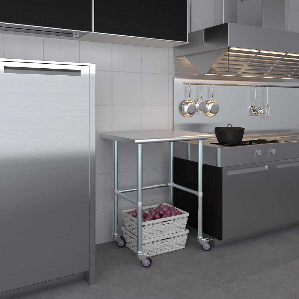 AmGood 36 Long x 30 Deep Stainless-Steel Work Table with Open Base and Wheels, Mobile Metal Table