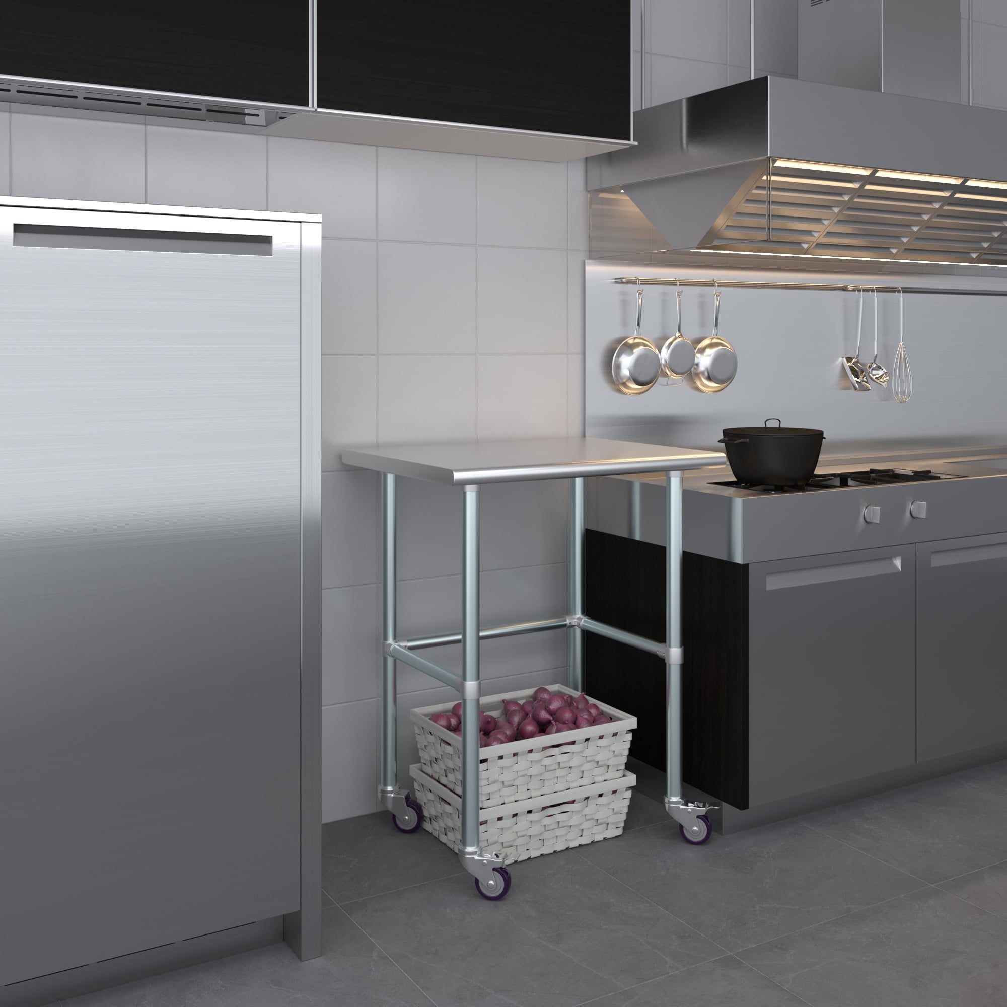 AmGood 36 Long x 30 Deep Stainless-Steel Work Table with Open Base and Wheels, Mobile Metal Table