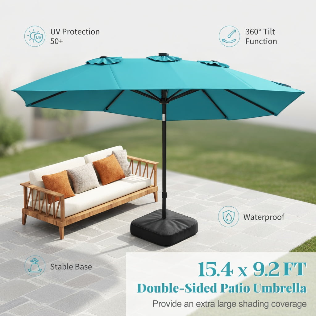 Demi Bonn 15FT Double-Sided Solar LED Patio Umbrella, 48 Warm LED Lights Large Steel Frame Sun Canopy, Stylish Outdoor Backyard Shade Umbrella, Turquoise Dark Red Beige Brown Orange Navy Gray