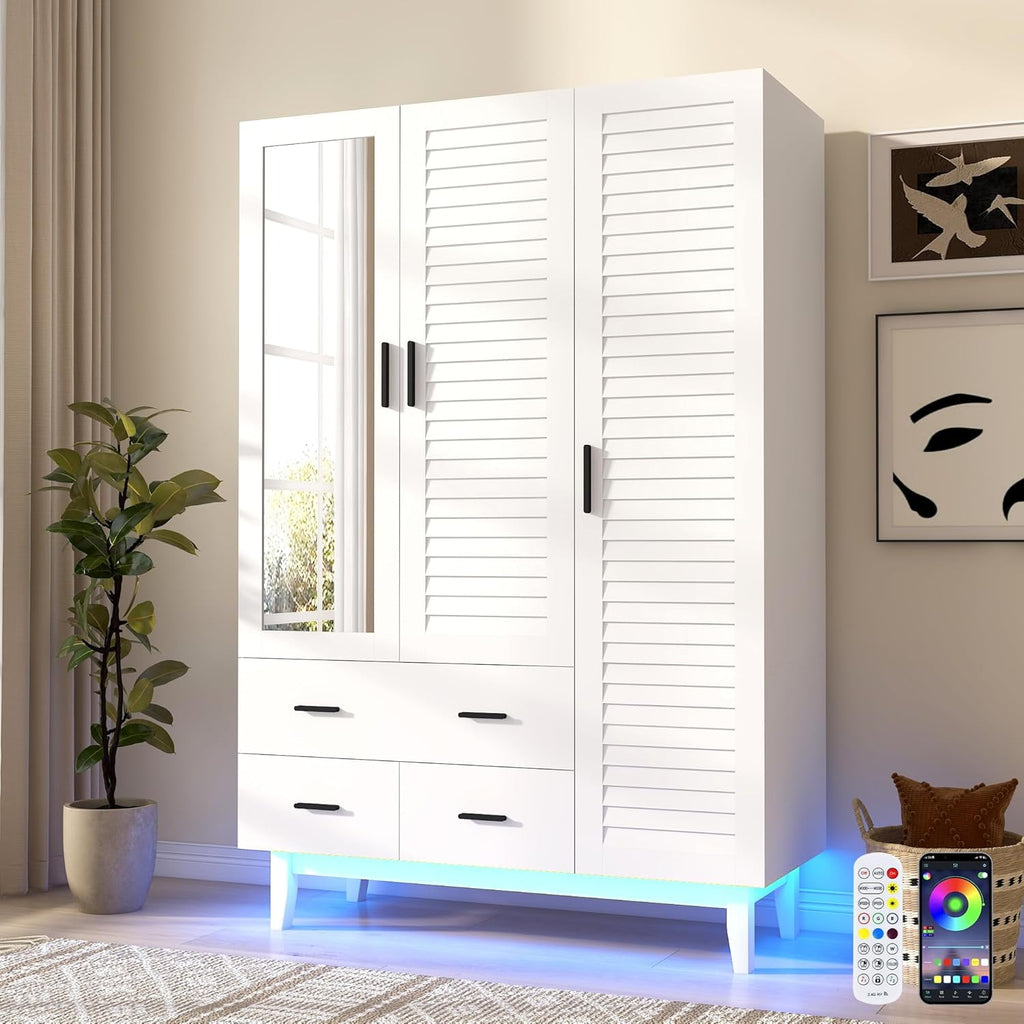 Blotout 70 Armoire Wardrobe Closet with Mirror & LED Lights, LED White Louver Door Wardrobe Armoire with 3 Drawers & Hanging Rods, Large 3 Doors Armoire Storage with Multi-Layer Shelves