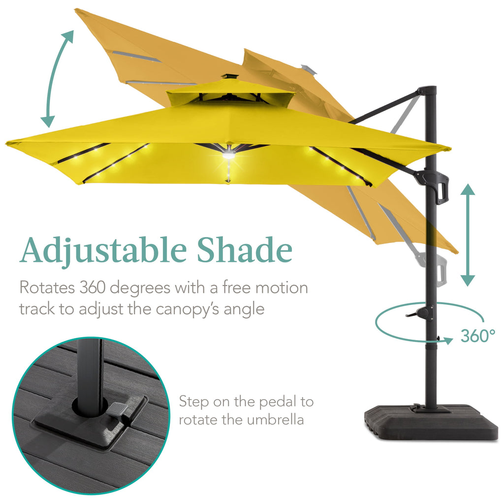 Best Choice Products 10x10ft 2-Tier Square Outdoor Solar LED Cantilever Patio Umbrella w/ Base Included - Tan