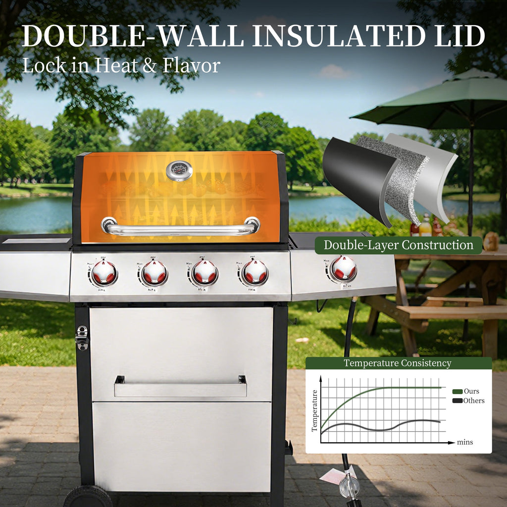 4 Burner Propane Gas Grill Combo w/Side Burner, 3-in-1 BBQ Grill with Charcoal Smoker & Griddle Plate, 46,750 BTU, 448 Sq.In. Stainless Steel Outdoor Cooking Station