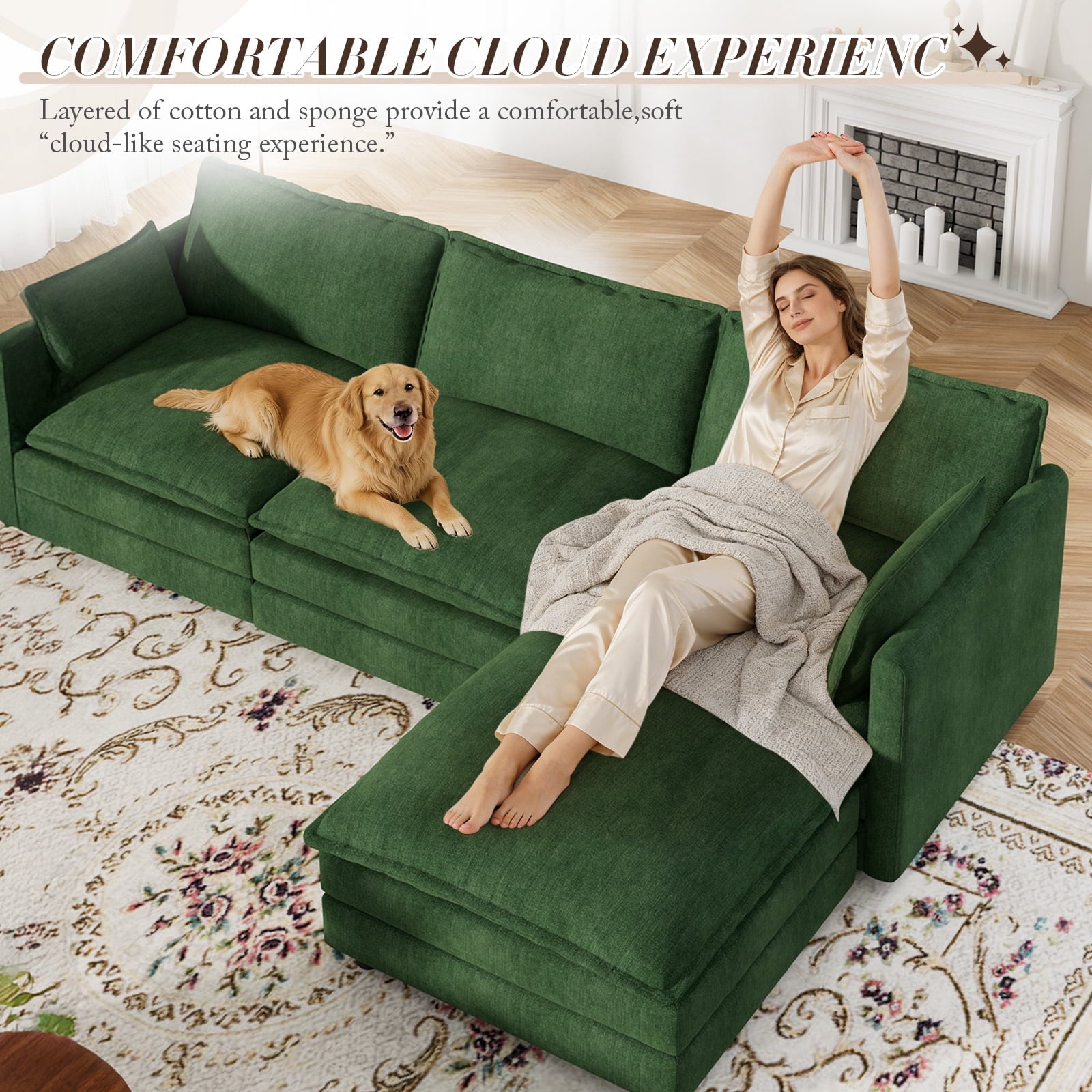 Muumblus Sectional Sofa Cloud Couch with Reversible Ottoman, L-Shaped Chenille Sofa for Living Rooms, Beige