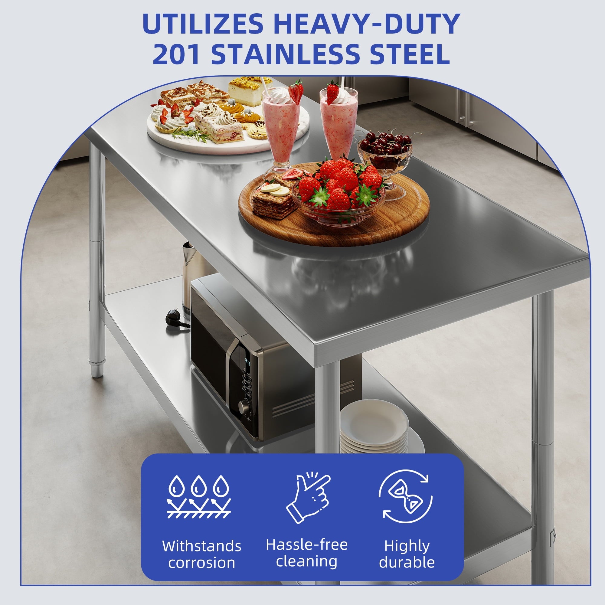 ModFusion 60x24 Heavy-Duty Stainless Steel Workbench with Adjustable Kitchen Rack, 5'x2'x2.8' ft Metal Prep Detailing Table, Home Steel Shelving, Utility Tools