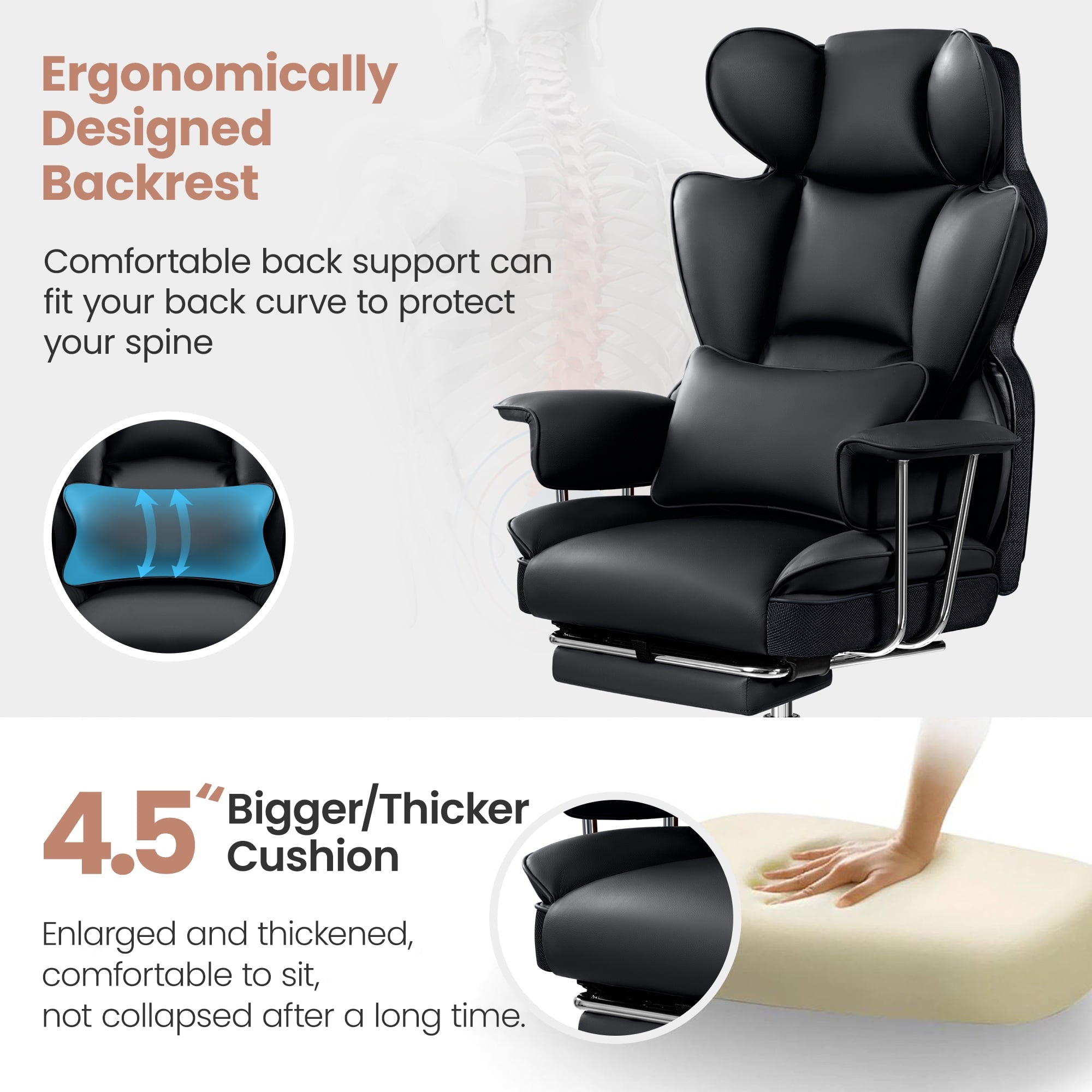 ATHOPE Executive Leather Office Chair 500lbs, Big and Tall Desk Chair with Footrest, High Back Ergonomic Reclining Computer Chair, High-Density Foam, Heavy Duty Swivel Rolling Chair, Black