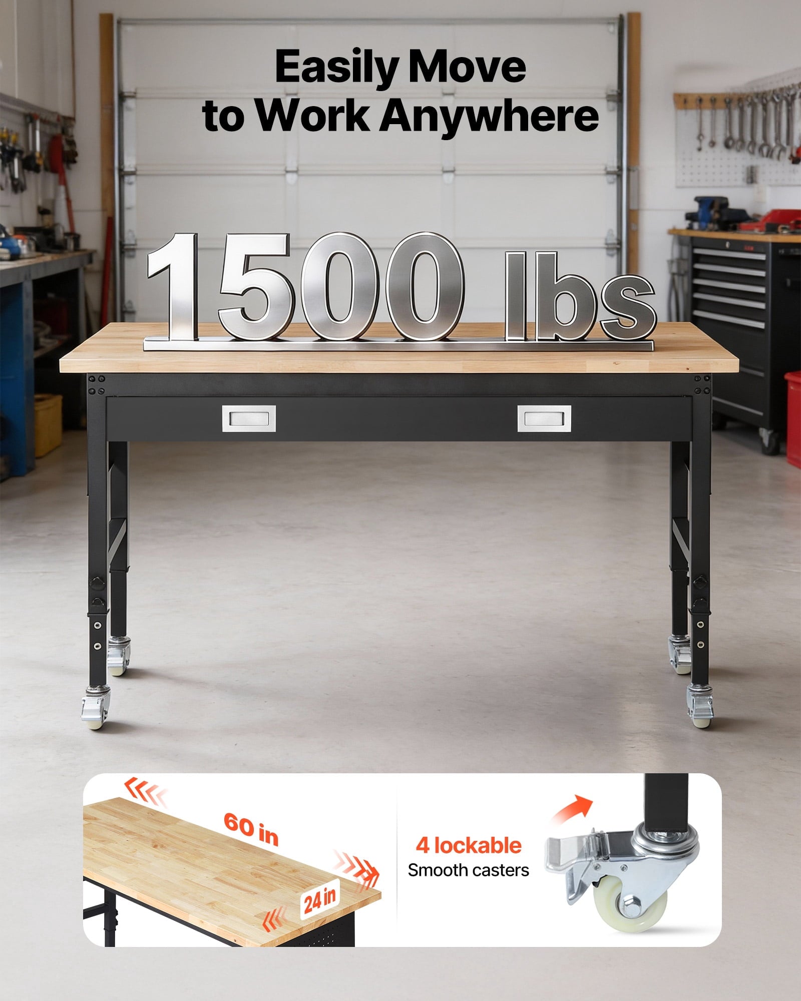 VEVOR 60-inch Adjustable Workbench, 1500 lbs Load Capacity, Garage Workbench with Drawer, Power Outlet, Wheels, and Pegboard, Heavy Duty Oak Wood Top Work Table for Garage, Workshop, Office, and Home