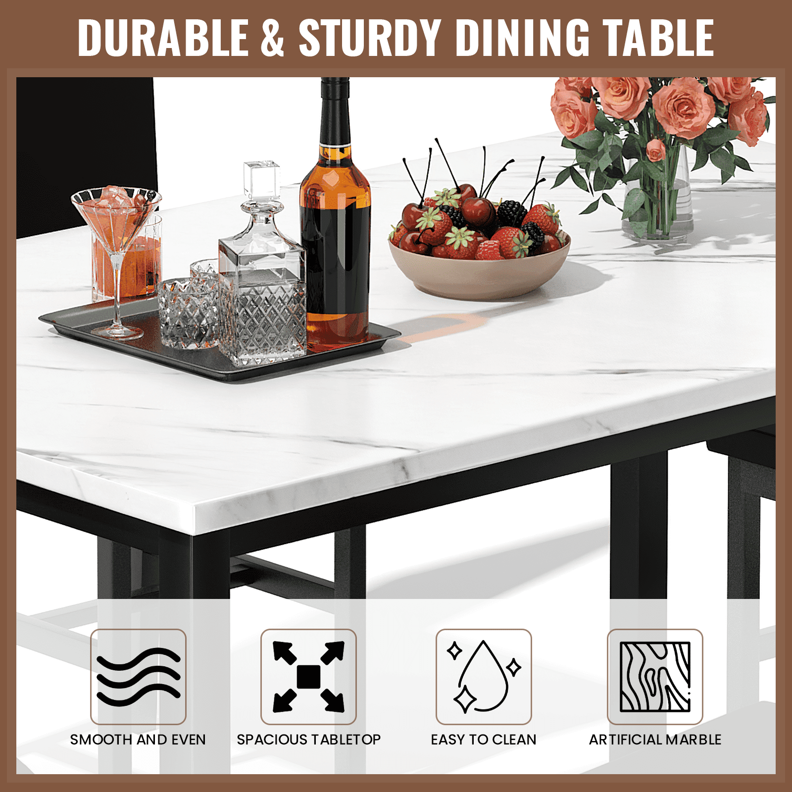 AWQM 5 Piece Dining Table Set, Faux Marble Kitchen Table and Chairs for 4, Dining Room Table Set with 4 PU Leather Chairs, White