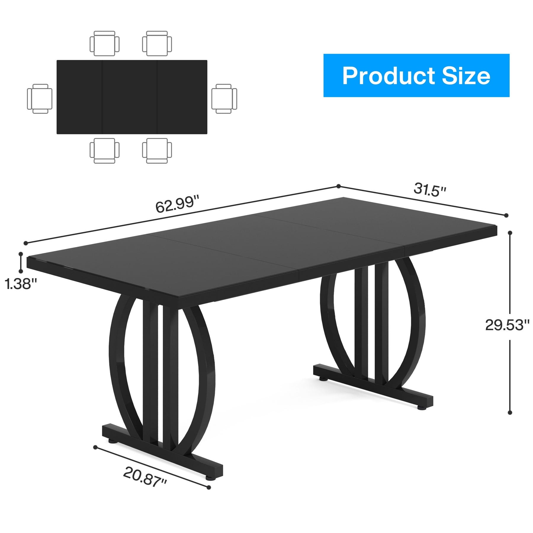 Fnova 63 Modern Dining Table for 6-8 People, Rectangular Kitchen Table with Sturdy Metal Frame, Dinner Table for Dining Room, Kitchen, Living Room, Home Office, Apartment