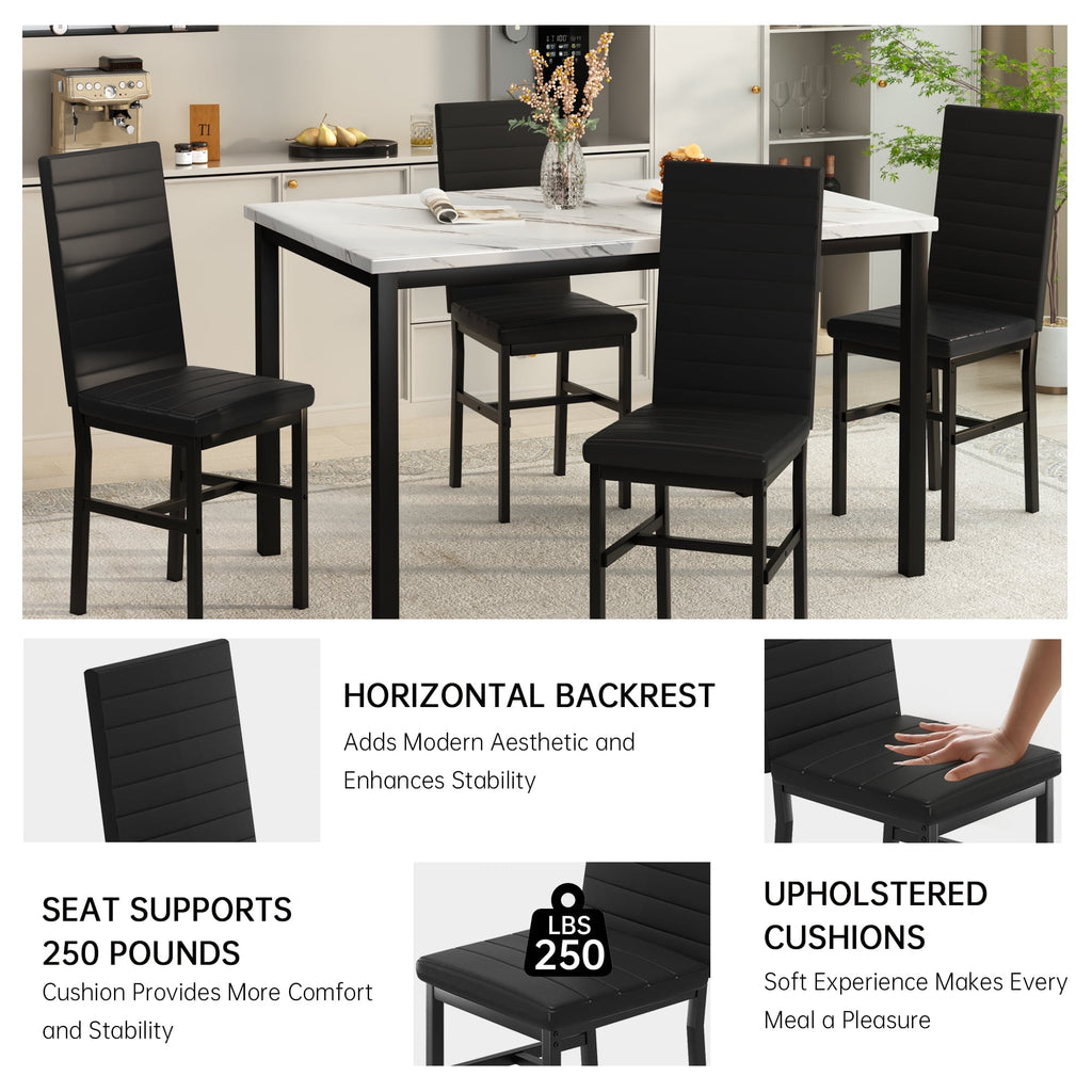 AWQM 5 Piece Dining Table Set, Faux Marble Kitchen Table and Chairs for 4, Dining Room Table Set with 4 PU Leather Chairs, White