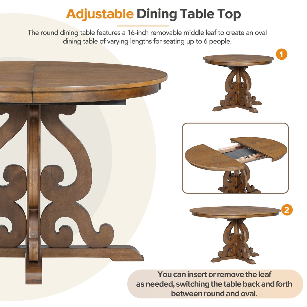 Harper & Bright Designs Farmhouse 5 Piece Kitchen Dining Table Set for 4, Solid Wood Extendable Round Dining Table Set and 4 Upholstered Chairs, Retro Dining Set for Kitchen, Natural Wood Wash