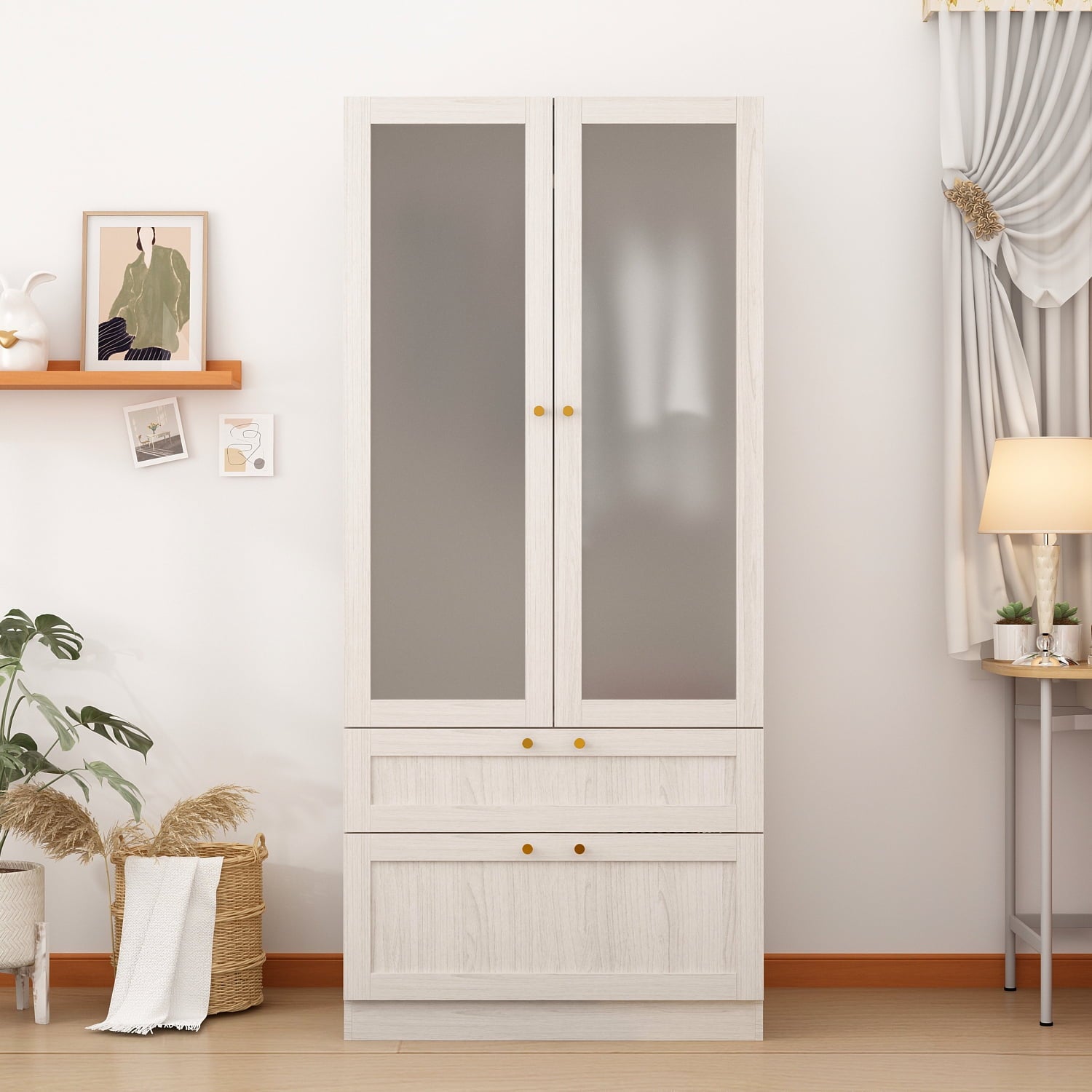 OxyLife 2 Door Wardrobe Armoire, White Closet Storage Organizer with Drawers and Shelves