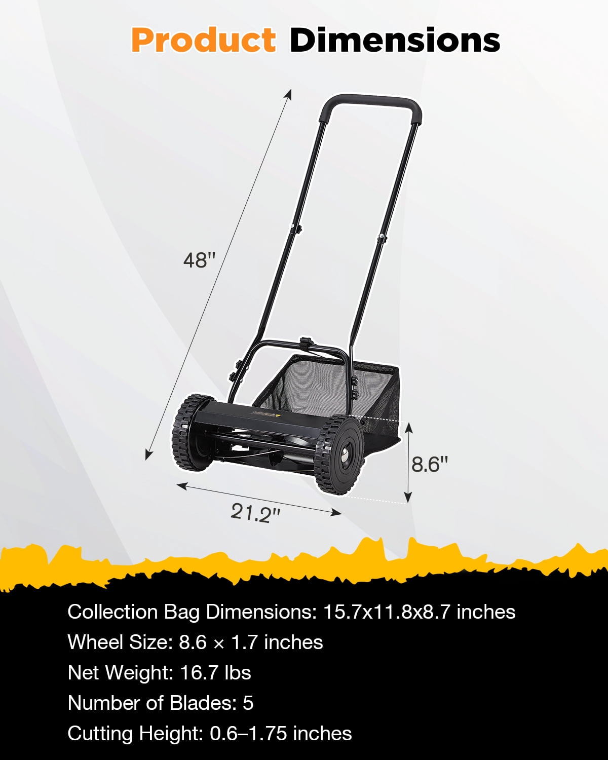 JFHID 14-Inch Manual Push Reel Lawn Mower,5-Blade Design