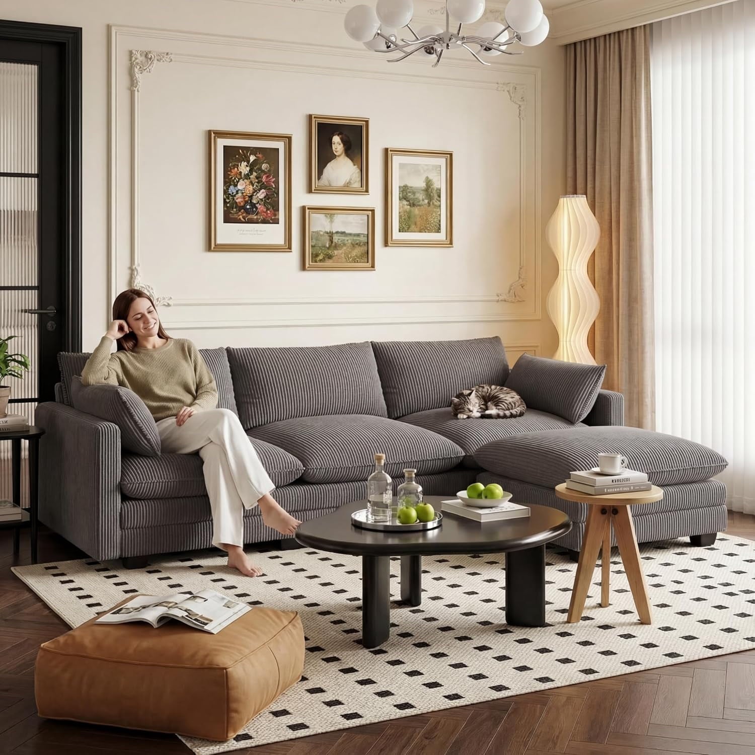 110'' Oversized L Shaped Couch for Living Room, Cloud Couches with Washable Corduroy Cover, Modern 4-Seater Comfy Deep-Seat Sofa with Movable Ottoman and 2 Throw Pillows for Apartment, Gray