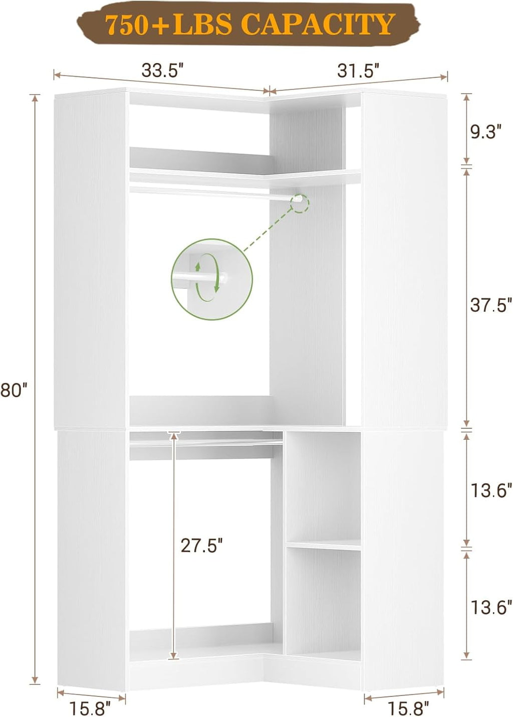 Homieasy 34 W Corner Closet System with Hanging Rods, White