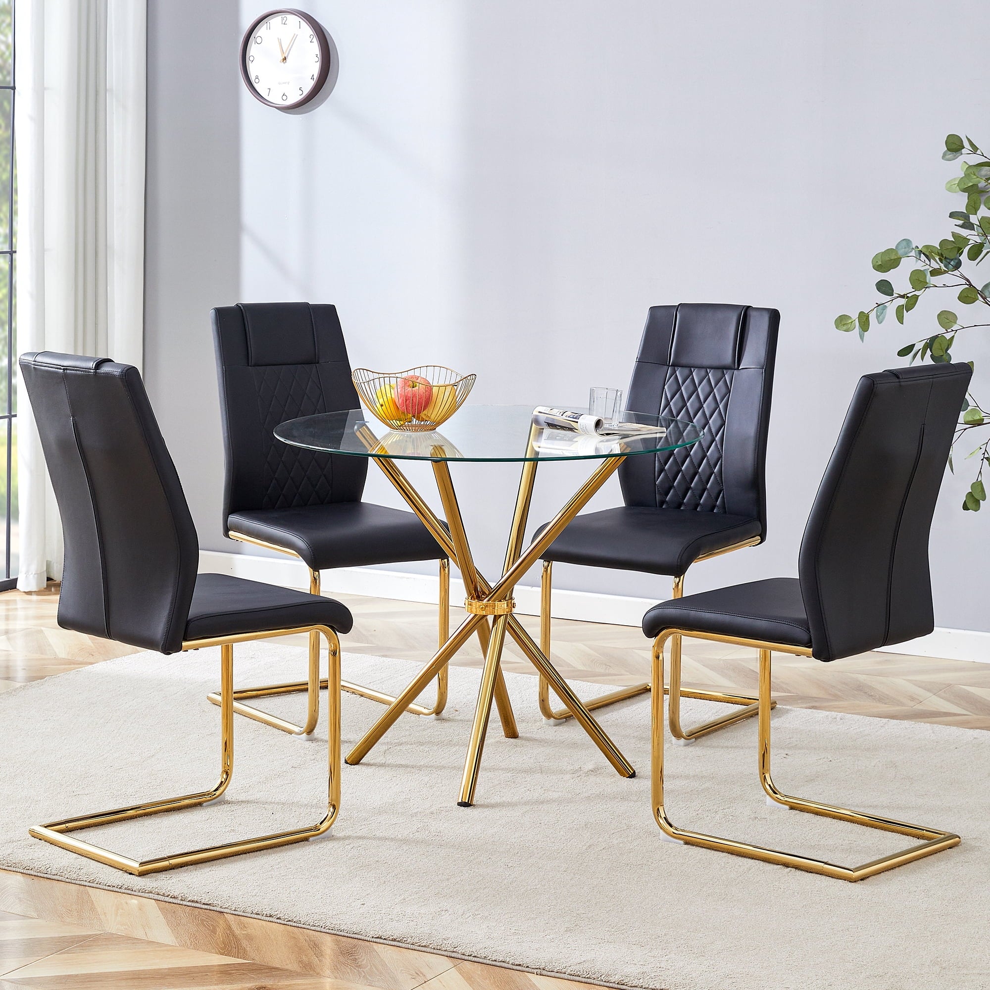 LUFTUT 36.6 Round Glass Dining Table, Modern Gold Base Kitchen Table, Small Space Bistro Table, Clear Tempered Glass Top for Apartmen