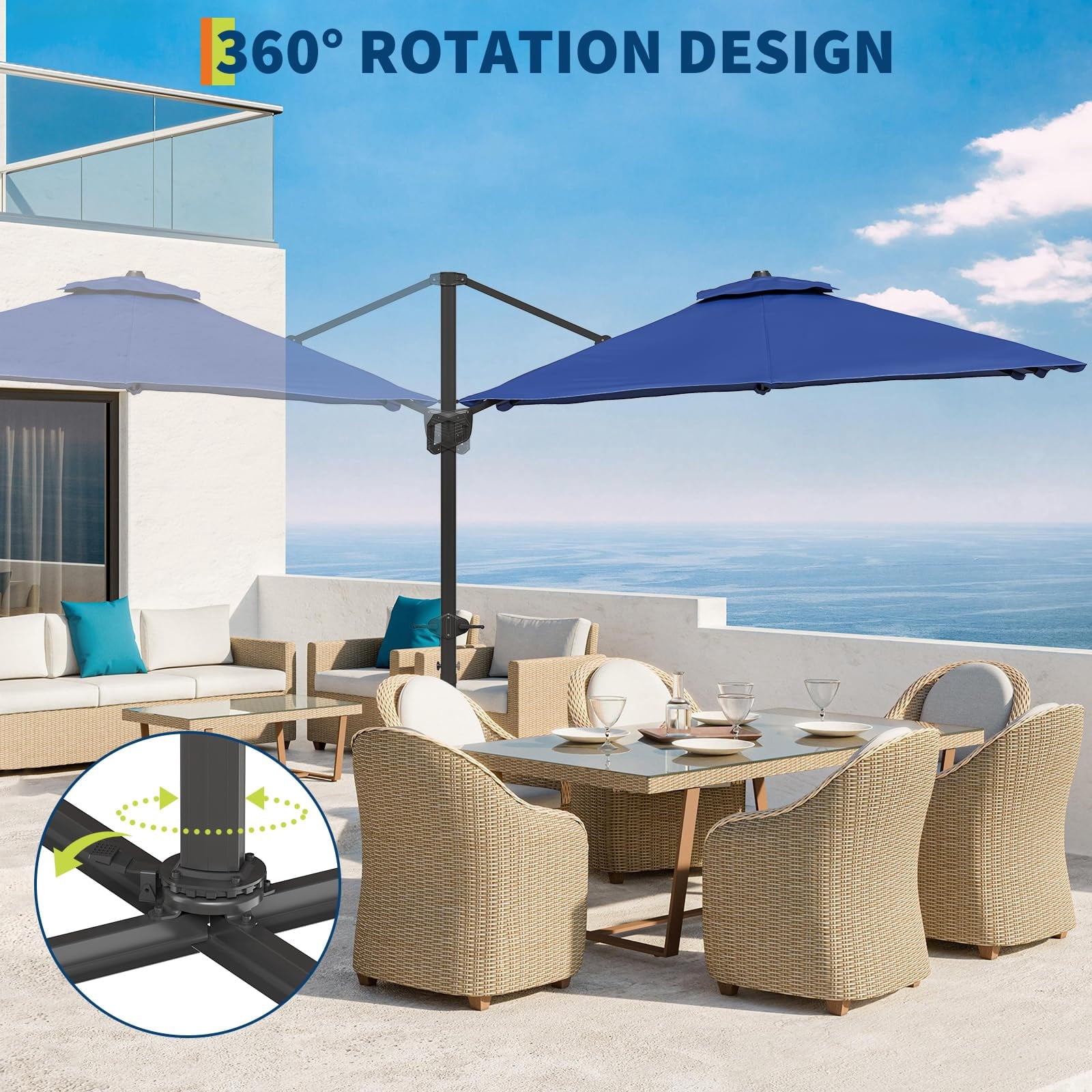 10x10 FT Offset Patio Umbrella with Base Included, 360° Rotation Large Square Cantilever Umbrella, Outdoor Sun Shade with Easy Tilt for Pool, Backyard, Deck, Garden, Navy Blue