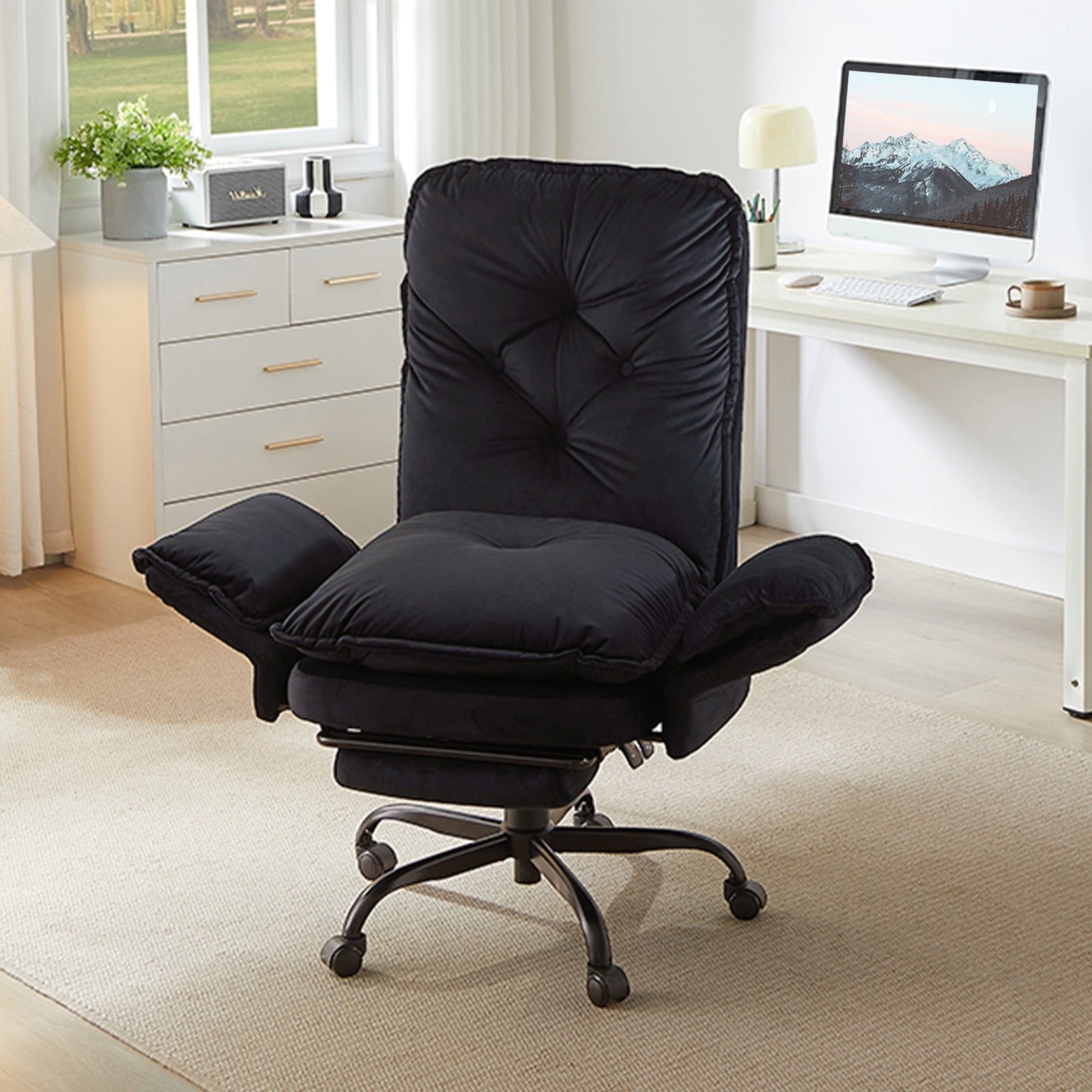 Bestier Big and Tall Executive Office Chair with Flip-up Arms for Adult, Wide Seat Ergonomic Computer Desk Chair,High Back Velvet Comfy Cross-Legged Office Chair with Footrest and Side Pockets, Black