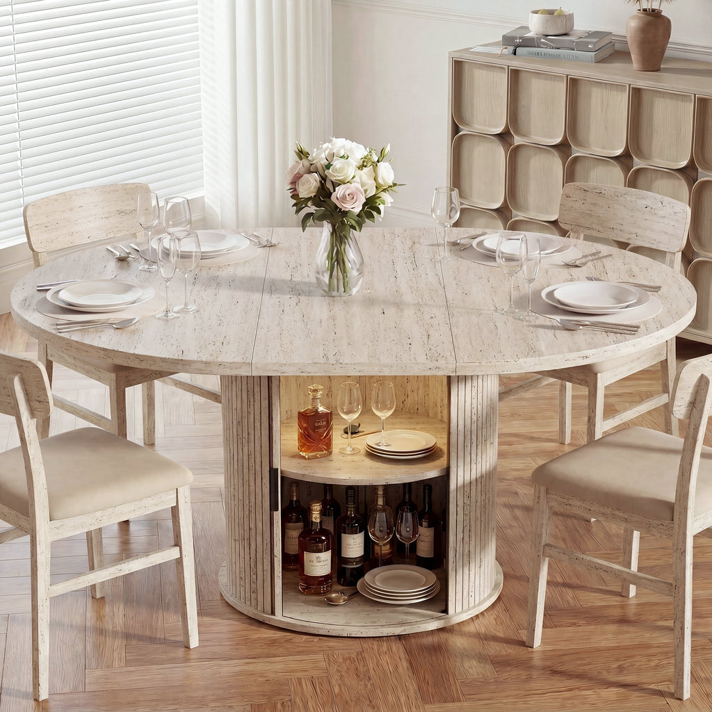EOP 47″- 63″ Extendable Round Dining Table for 4-6, Wooden Kitchen Table with Hidden Storage and Fluted Sliding Door Cabinet, Modern Space-Saving Table for Dining Room Kitchen, Walnut