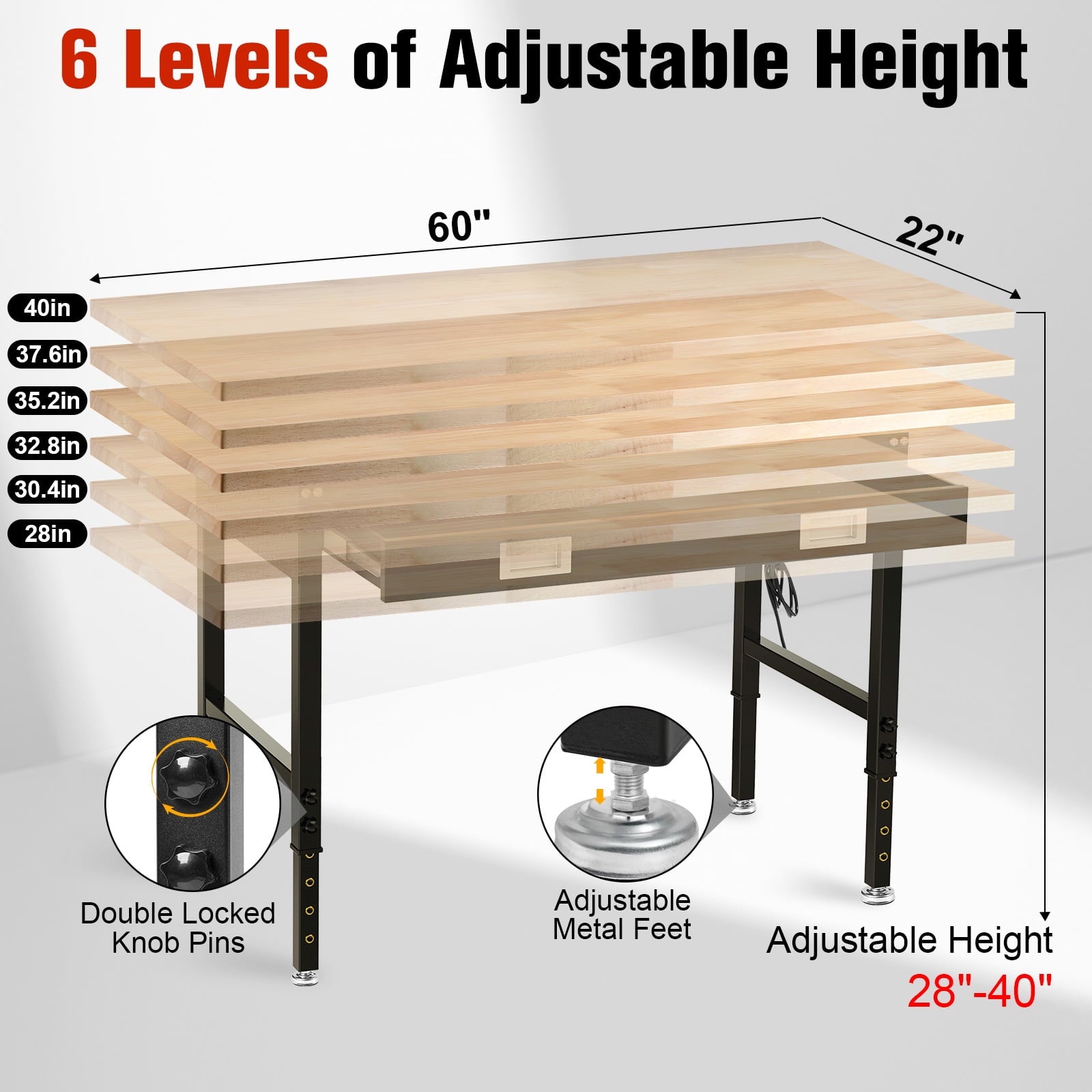 MUWOOD Multifunctional Workbench 60x22 with Pegboard Worktable w/ Power Outlets, LED, Work Bench For Garage max. 1500W Heavy Duty Workbench 2000lbs Weight Capacity