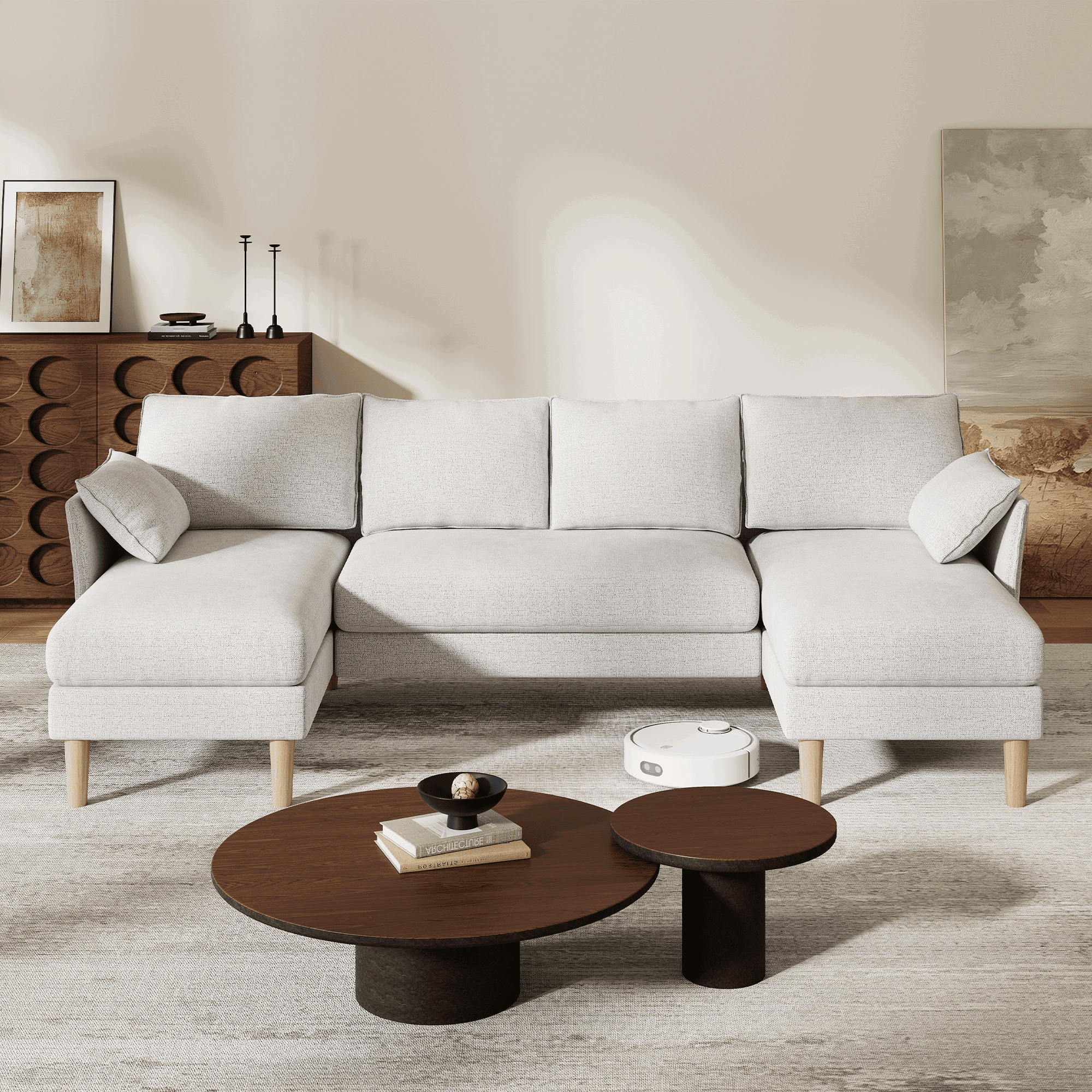 BedLuxury 100 U-Shape Sectional Sofa with Chaise, Chenille Modern Couch with High Legs for Living Room, Apartment, Beige