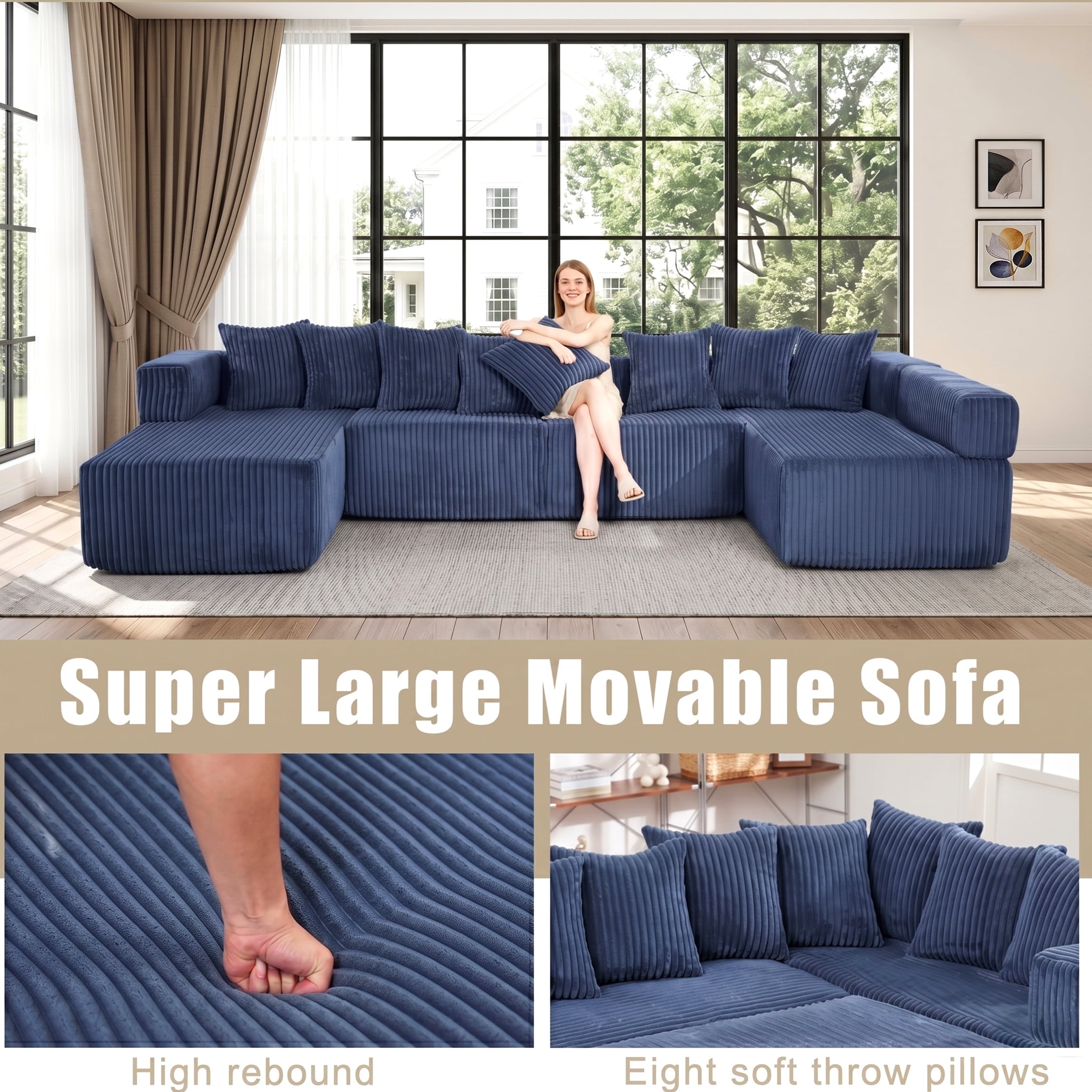 SOULART 138.5 U Shaped Sectional Couch,Gray Cloud Boneless Sofa For Living Room,Plush Corduroy Couches With Deep Seat Chaise Lounge,No Assembly Required