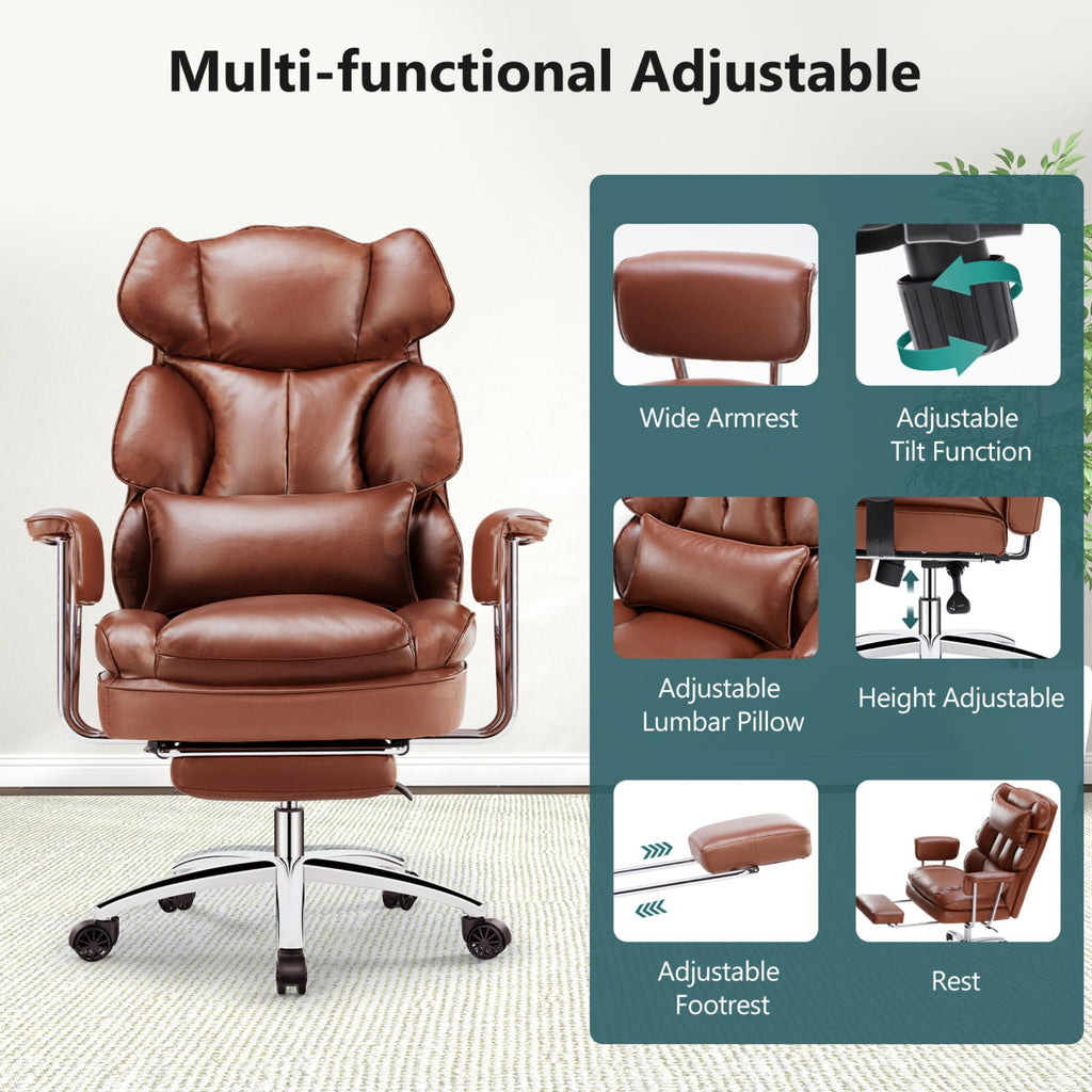 edx Executive Home Office Desk Chair, Ergonomic Big Tall High Back with Footrest & Lumbar Support, Reclining Comfy PU Leather Computer Gaming Chair with Swivel Wheels, Height Adjustable, Black