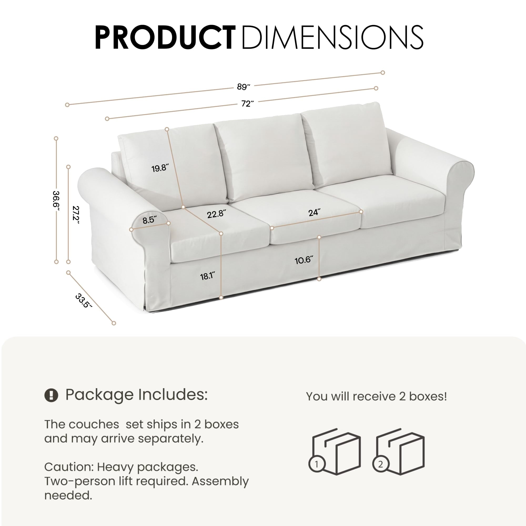 Vorthio 3-Seater Farmhouse Sofa, Deep Seat Couch with High Back Support, Removable Washable Cover, Grey