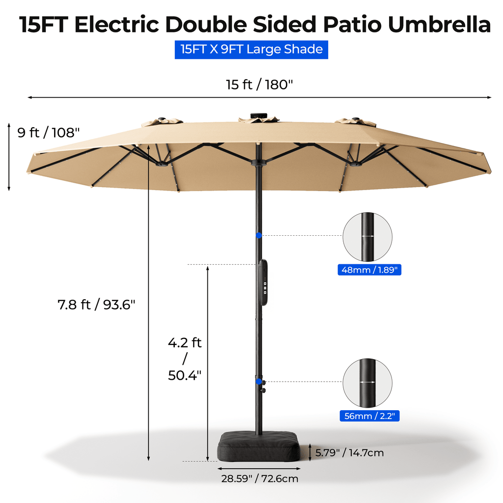 15ft Smart Electric Patio Umbrella, Large Double Sided Rectangular Outdoor Patio Umbrella with Light and Base for Lawn, Garden, Backyard,Beige