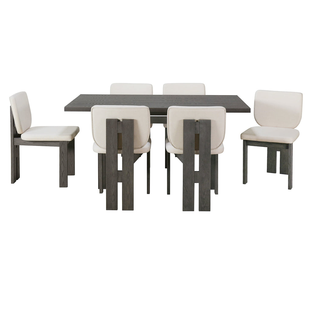 Harper & Bright Designs 7 Pieces Retro Dining Set for 6, Wood Rectangular Table with Designed Trestle Base and 6 Upholstered Chairs for Dining Room and Kitchen, Grey