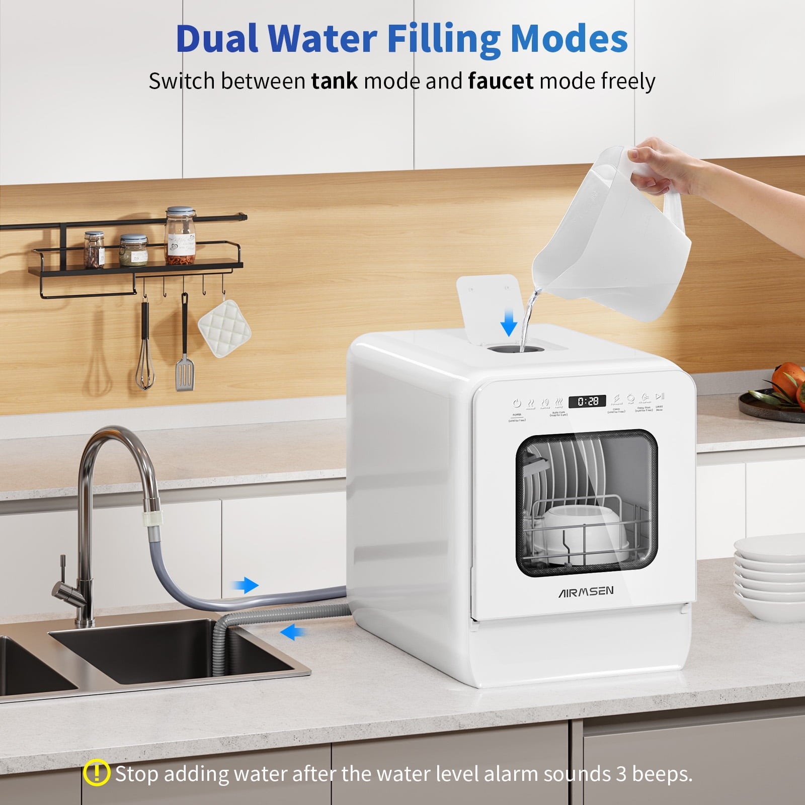 AIRMSEN 5-Place Settings Portable Countertop Dishwasher with 5L Built-in Water Tank, Ultra-Slim Dishwasher Upgrade 3 Spray Arms, 12H Delay Start and Salt Chamber Function, ZMW-DUHA01