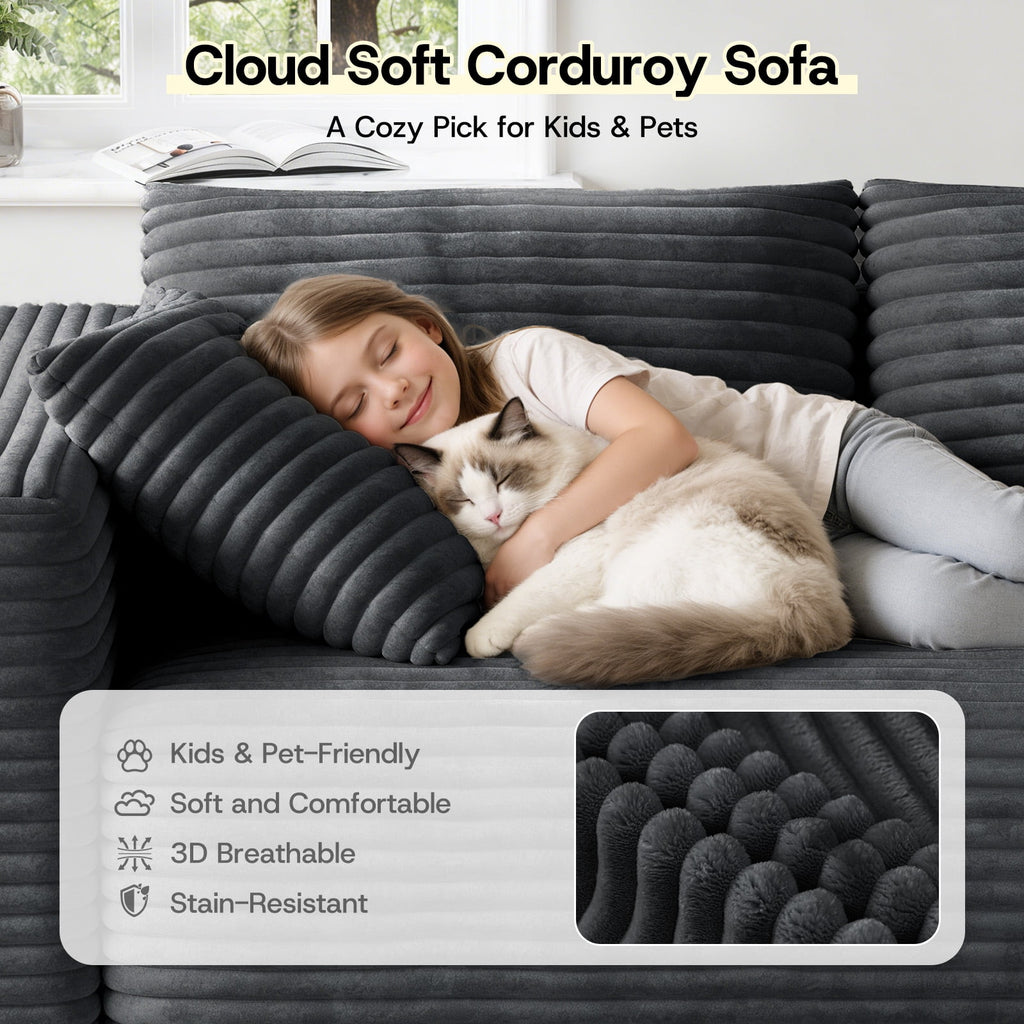 Patbrela 106 Sectional Couch for Living Room, L-Shaped Boneless Cloud Couch Corduroy Modern Sectional Sofa with Deep Seat and Thickened Cushion, No Assembly Required, Black